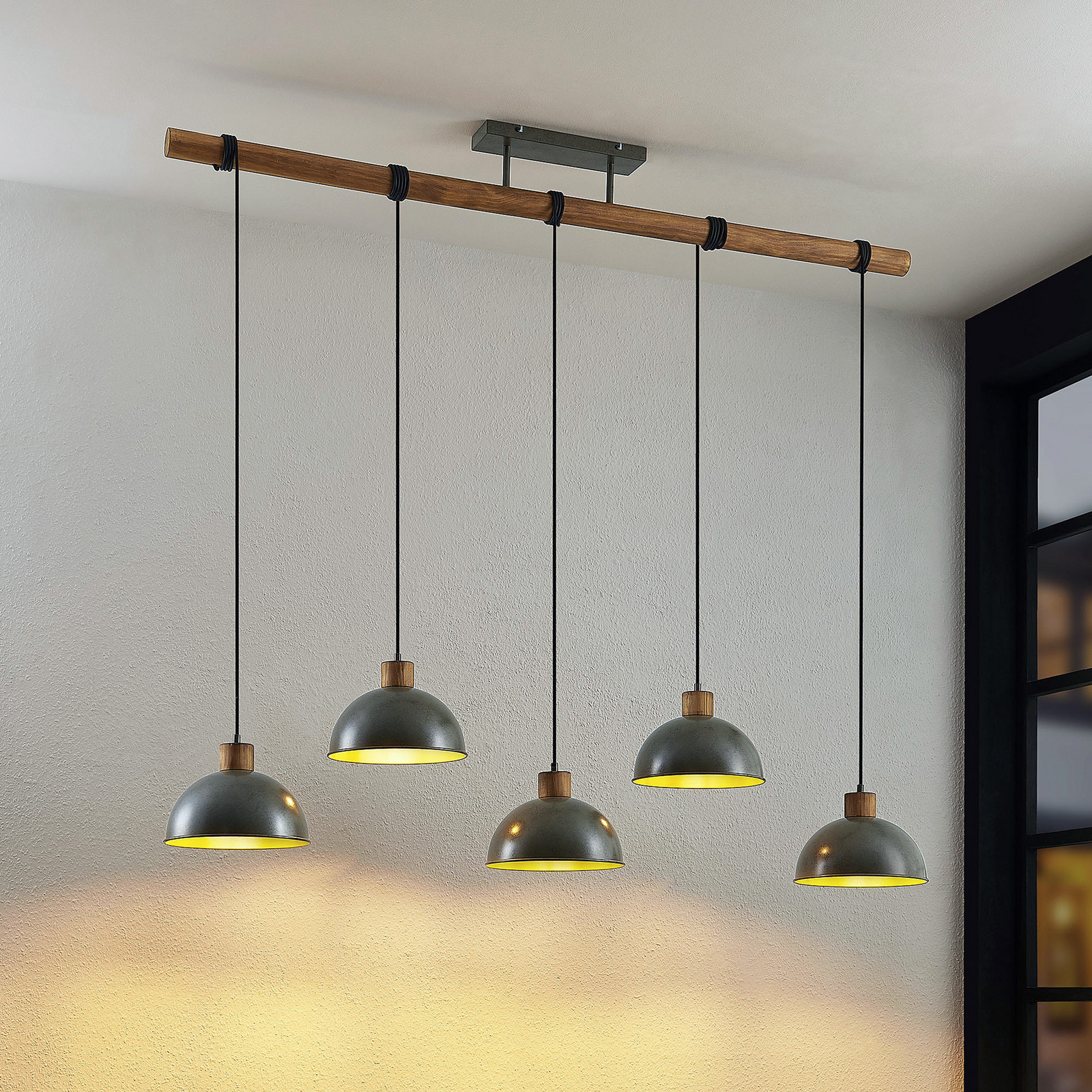 Lampă suspendată Lindby Durbis 149 cm negru 5 becuri lemn - Camera de zi / sufragerie - Vintage - Lemn natural gri închis