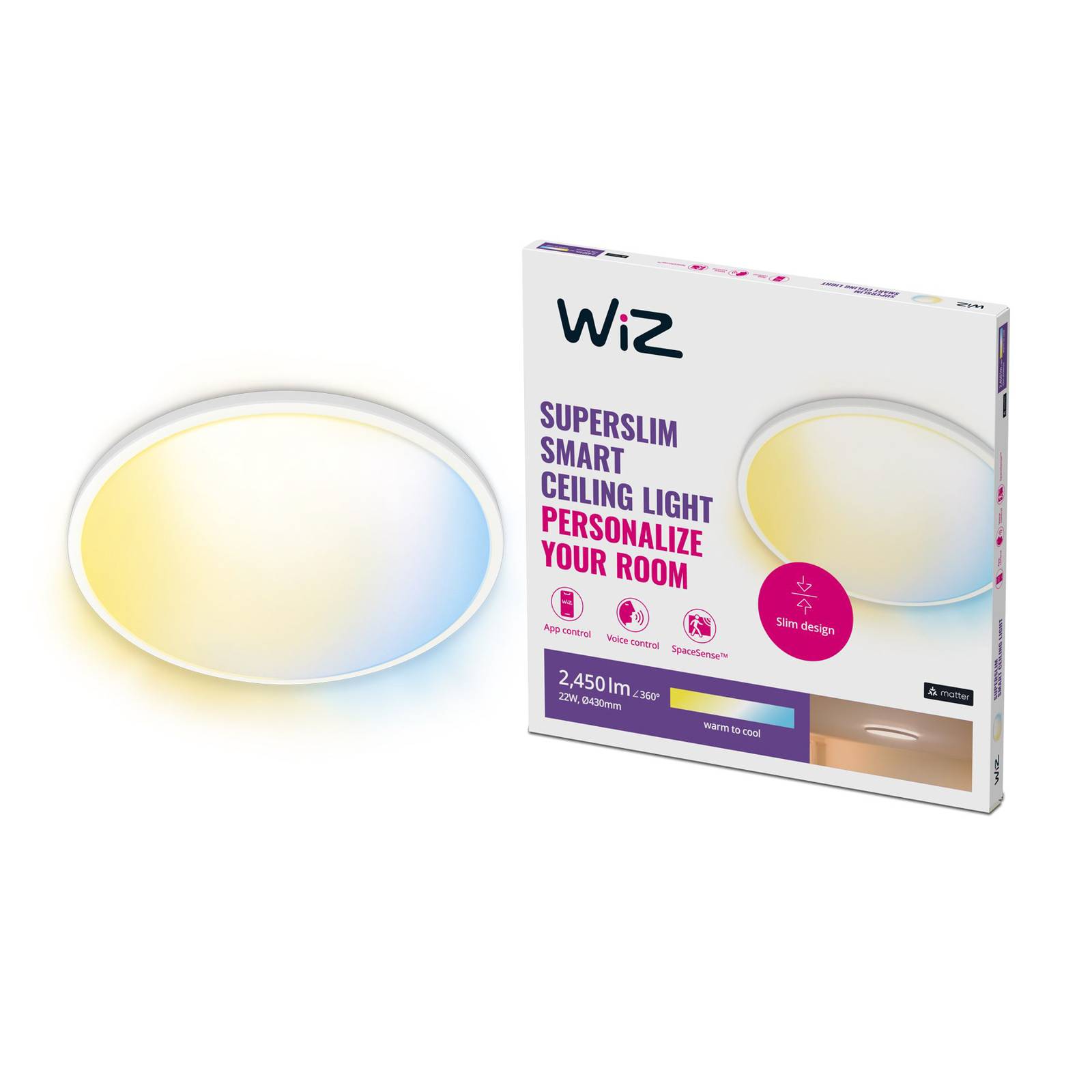 WiZ SuperSlim LED-taklampa CCT Ø43cm vit