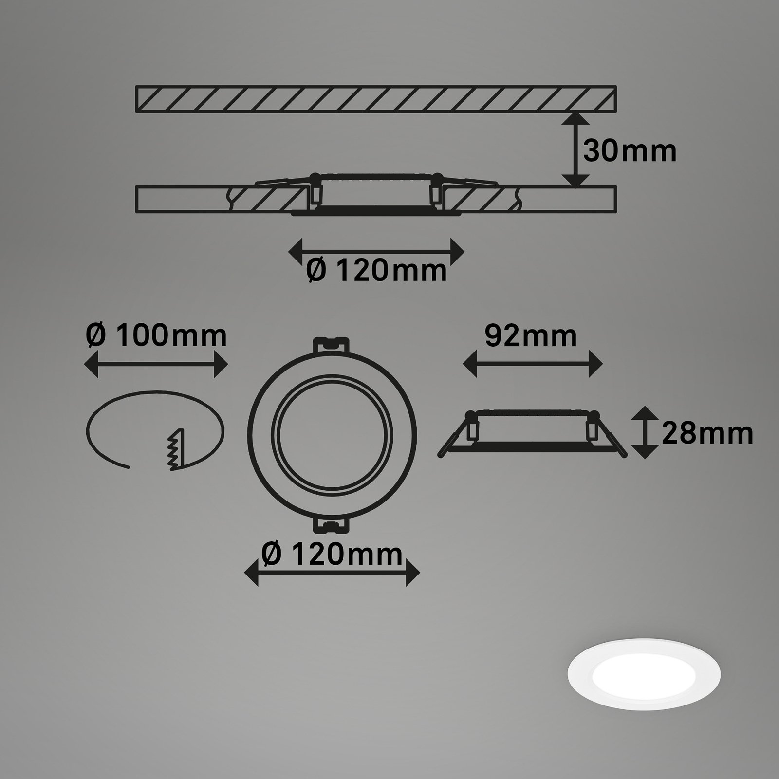 LED vestavné svítidlo Jeft, Ø12cm, bílé, sada 3 kusů, zapnuto/vypnuto,