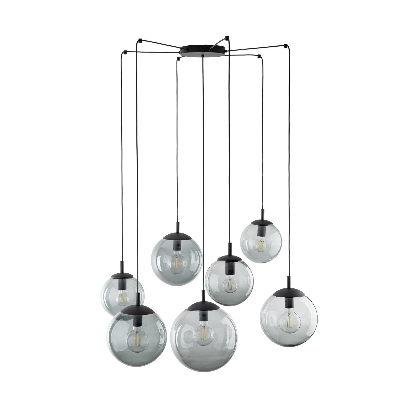 Hanglamp Esme, glas, grafiet-transparant, 7-lamps, decentraal