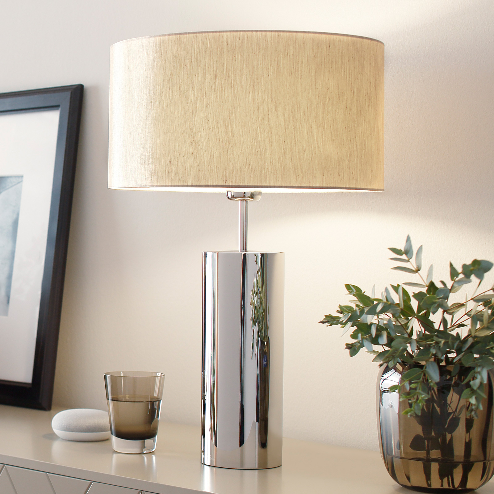 Villeroy & Boch Puristic table lamp Prague, round, for Living / Dining Room, polished stainless steel, fabric, E27, 13 W, energy efficiency: A++, H: 53 cm
