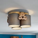 Mis ceiling light, grey, wooden bear, three-bulb