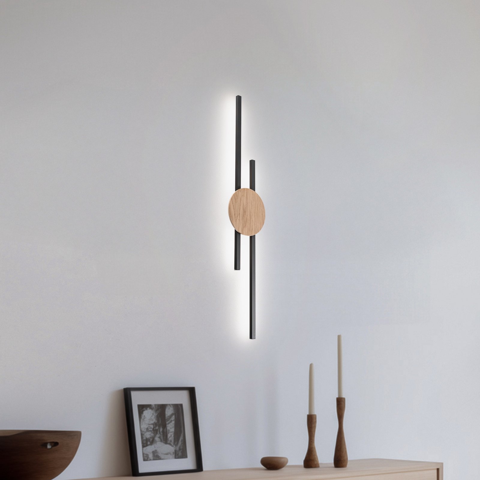 LED-Wandlampe Java, schwarz/kiefer, 86 cm, 2-flg., Metall