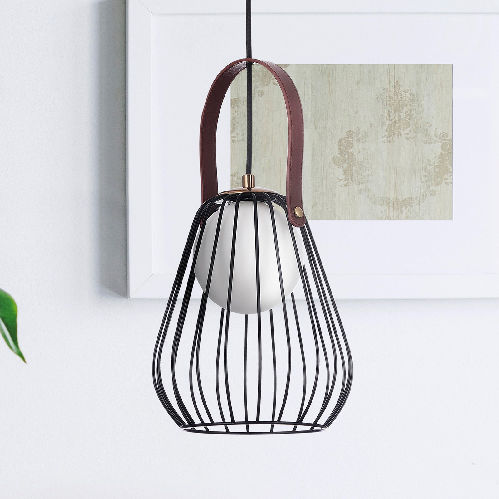 Maytoni Indiana pendant light with cage lampshade black, for Living / Dining Room, metal, glass, leather, G9, 20 W, energy efficiency: A++