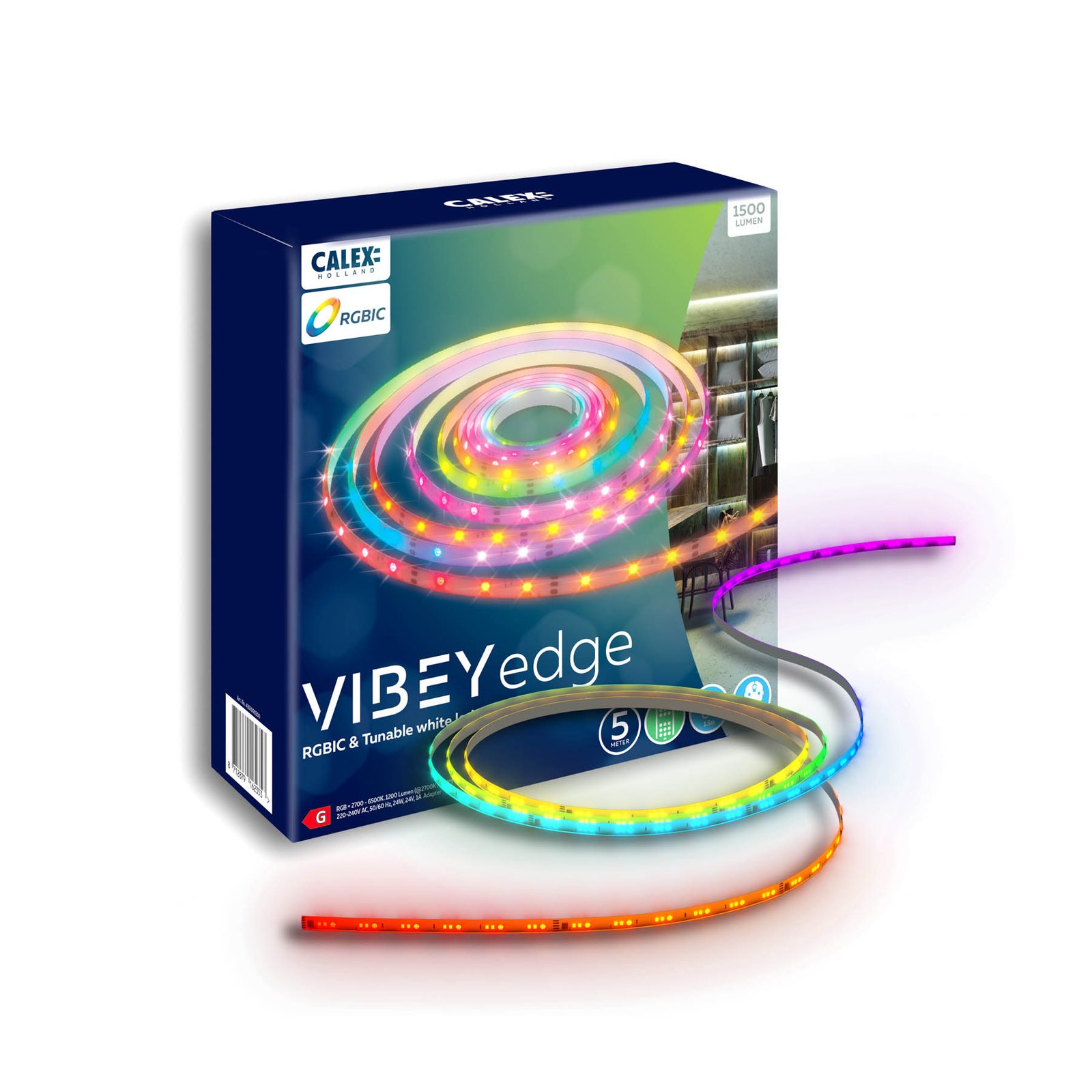 Calex LED-stripe Vibey, lengde 5 m, plugg, fjernkontroll, RGB, CCT