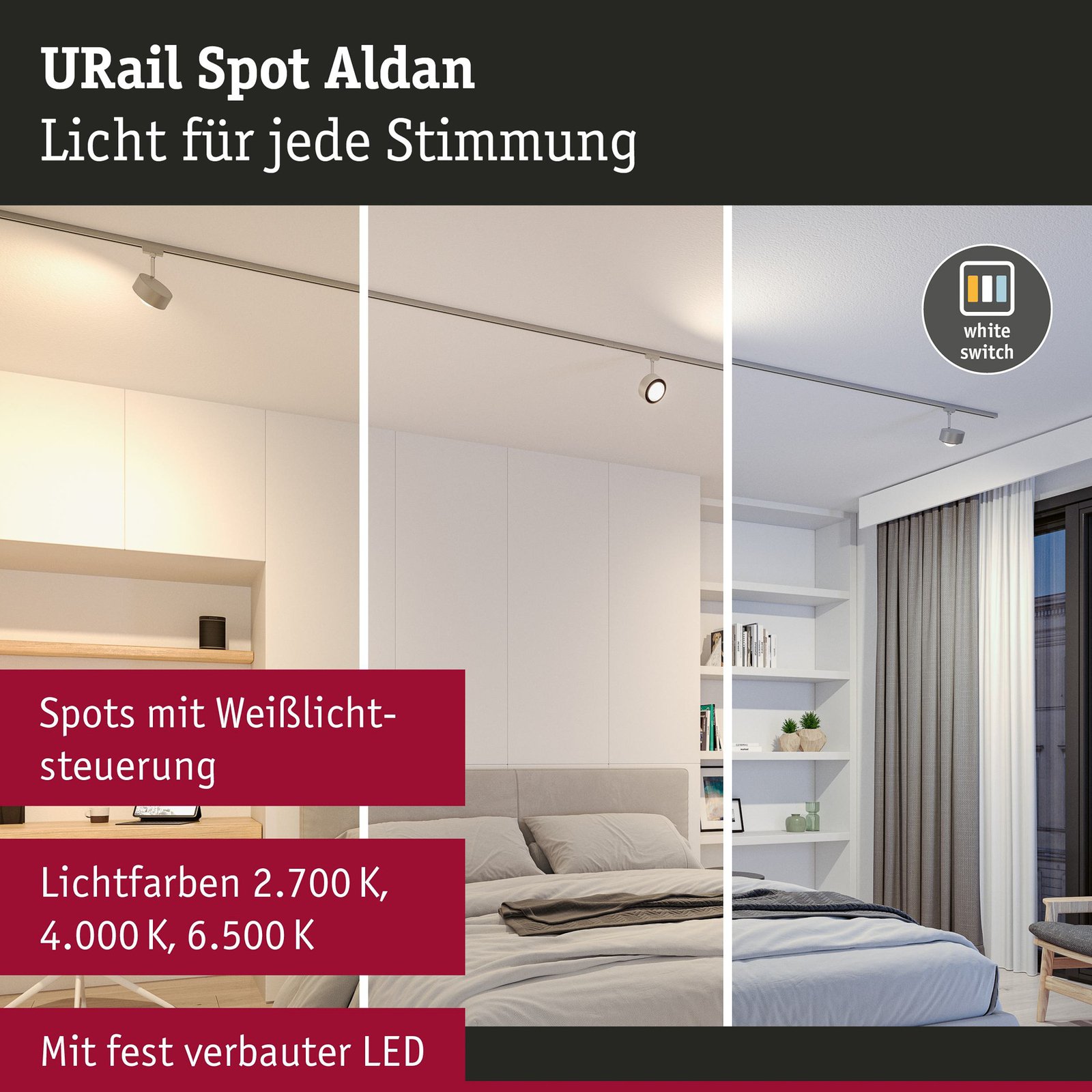 Paulmann URail Aldan spot LED, chrome mat, métal, CCT