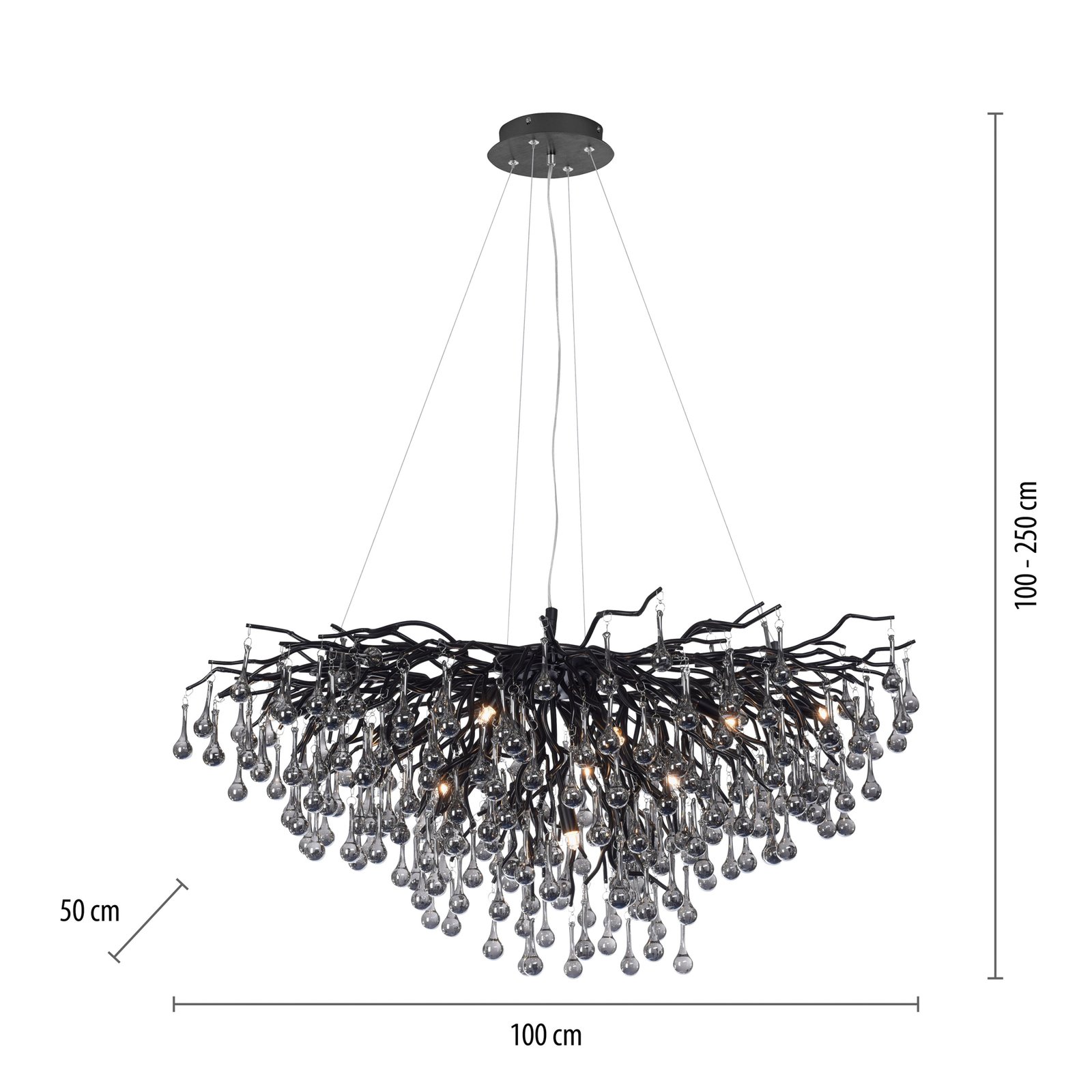Icicle chandelier, black, glass hanging, length 100 cm