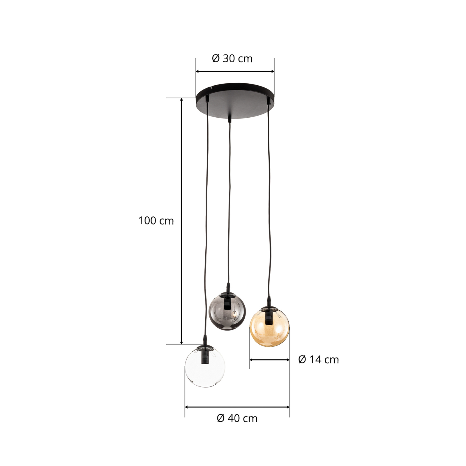 Glassy hanglamp, 3-lamps, rond, grafiet/amber/helder, glas