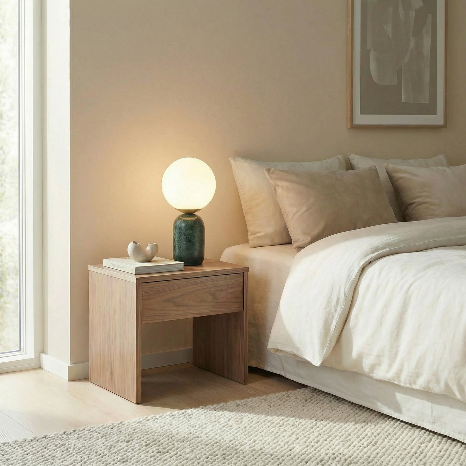 Lennes bordlampe, Ø 20 cm, glass, grønn, marmor – Lindby