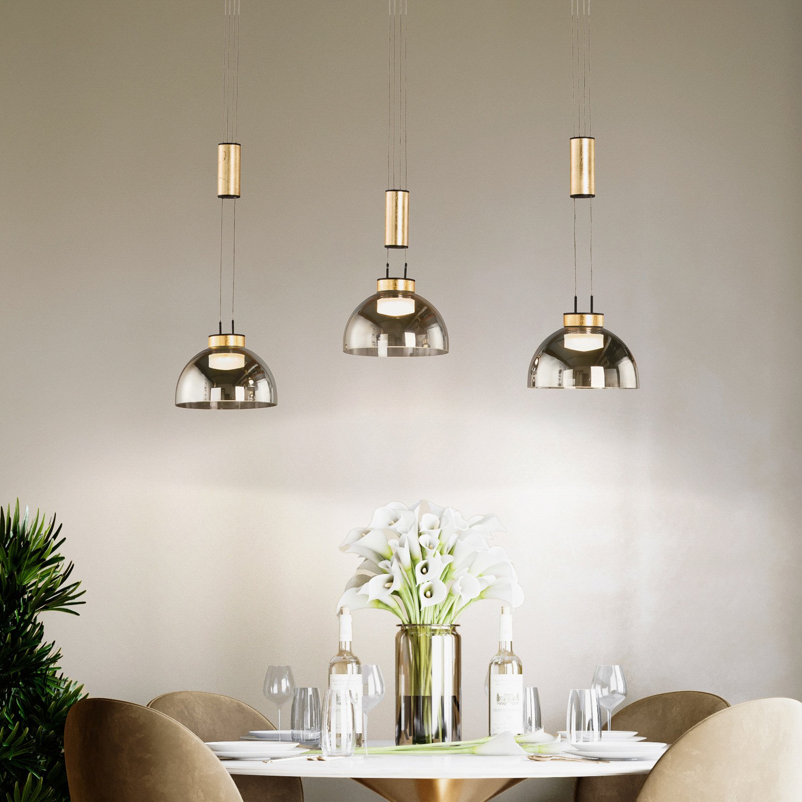 FISCHER & HONSEL Lampă suspendată Avignon 3 becuri sticlă fumurie/negru/auriu - Camera de zi / sufragerie - Modern - transparent gri-fumuriu negru foiță de aur