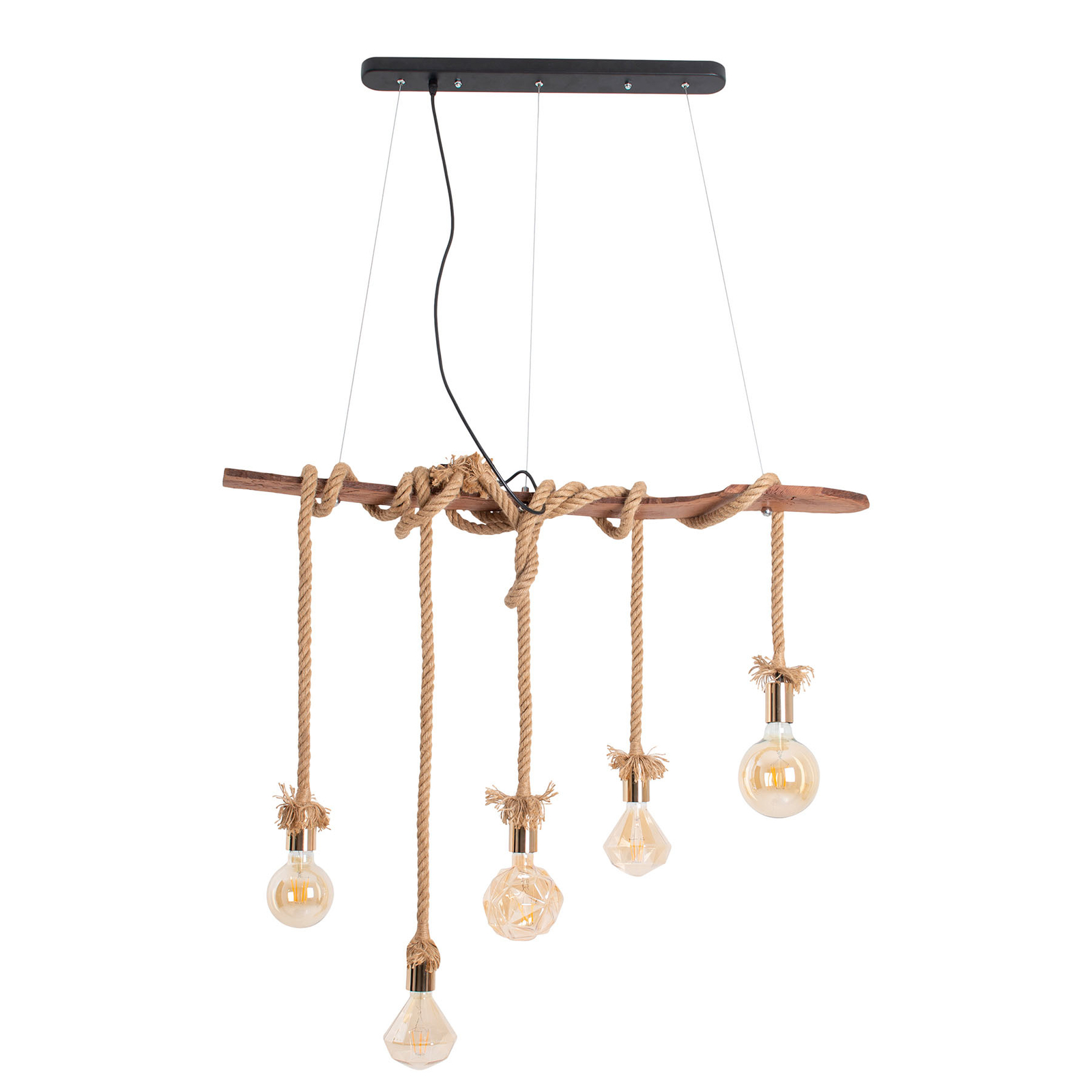 Suspension Rope, à 5 lampes, en bois et en jute