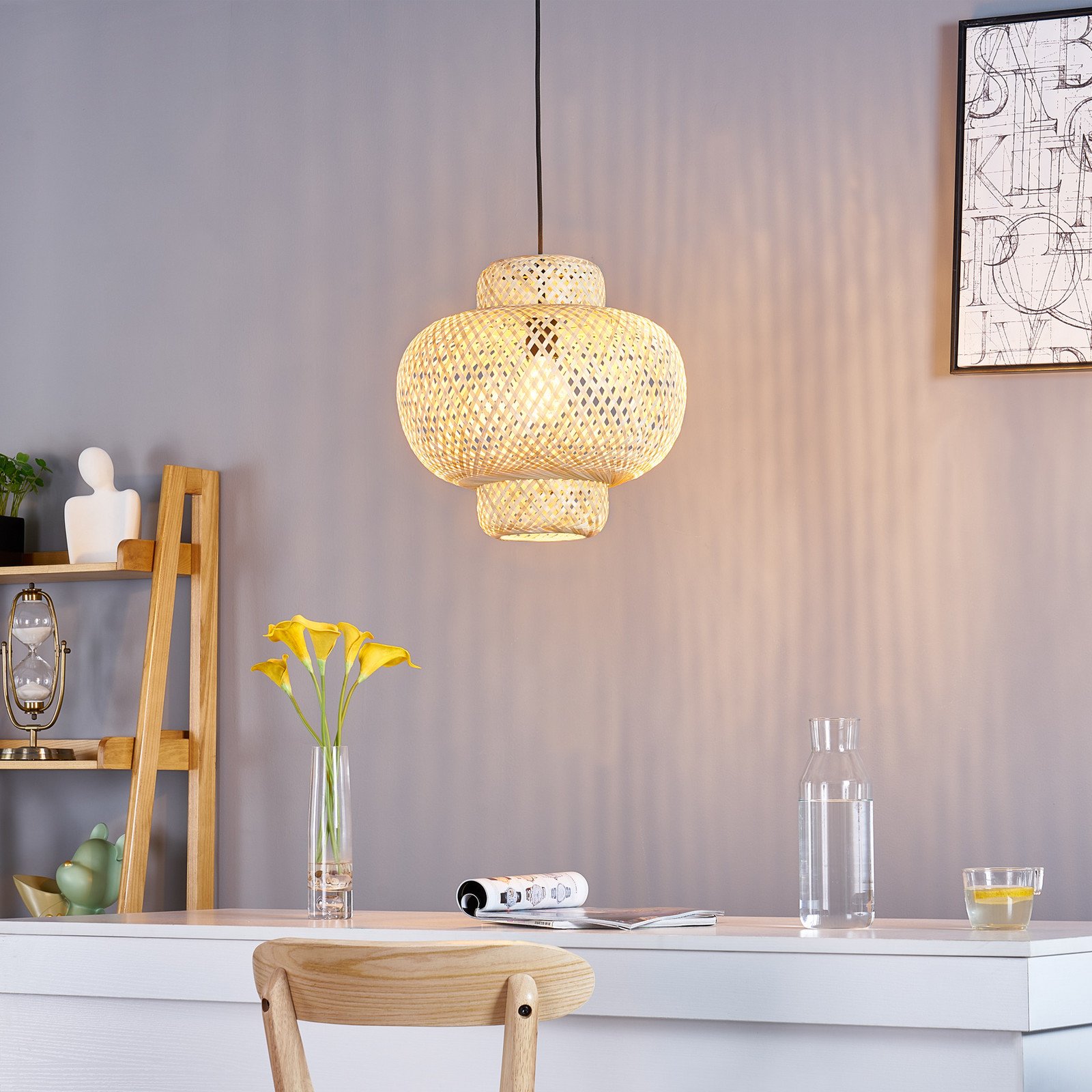 Lindby Venora lampă suspendată Ø 40 cm bulboasă bambus E27 - Camera de zi / sufragerie - Casă de țară / Rustic - lemn deschis negru - Bamboo