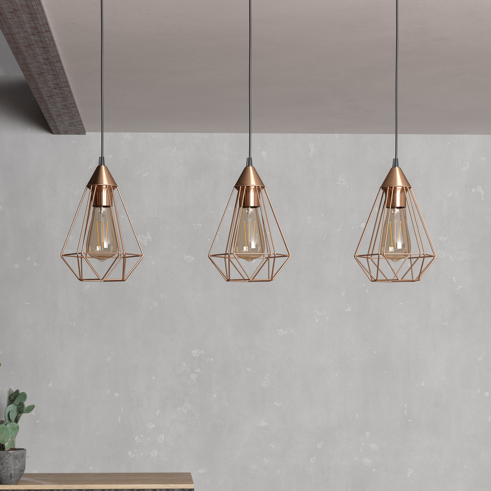 Φωτιστικό κρεμαστό Tarbes, χάλκινο, 3-φωτο, μακρόστενο