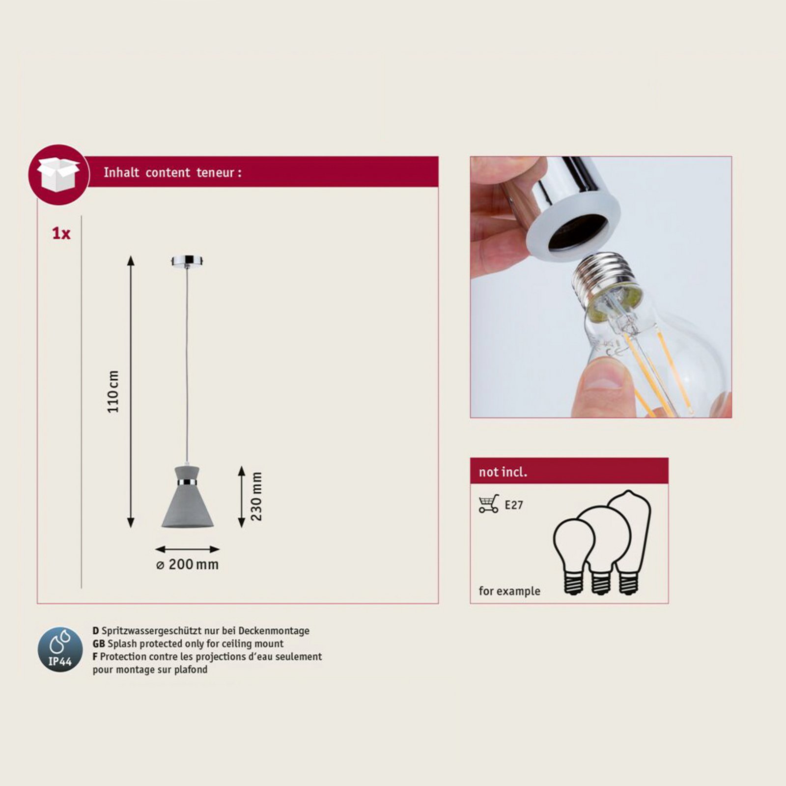 Suspension Paulmann Verve, béton, Ø 20 cm, IP44