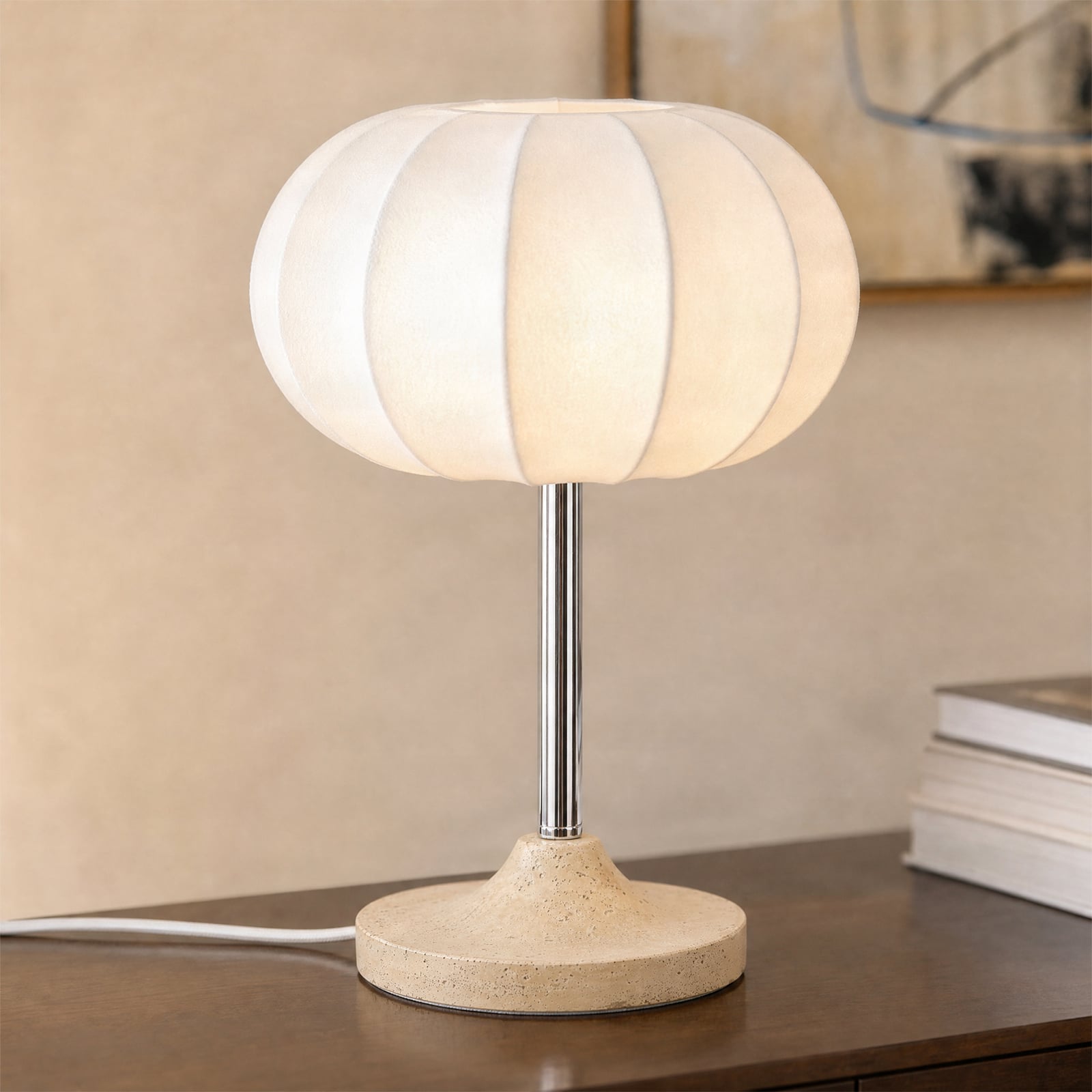 Lampe à poser Nola Elovie, naturel/chrome, tissu/travertin, 35 cm