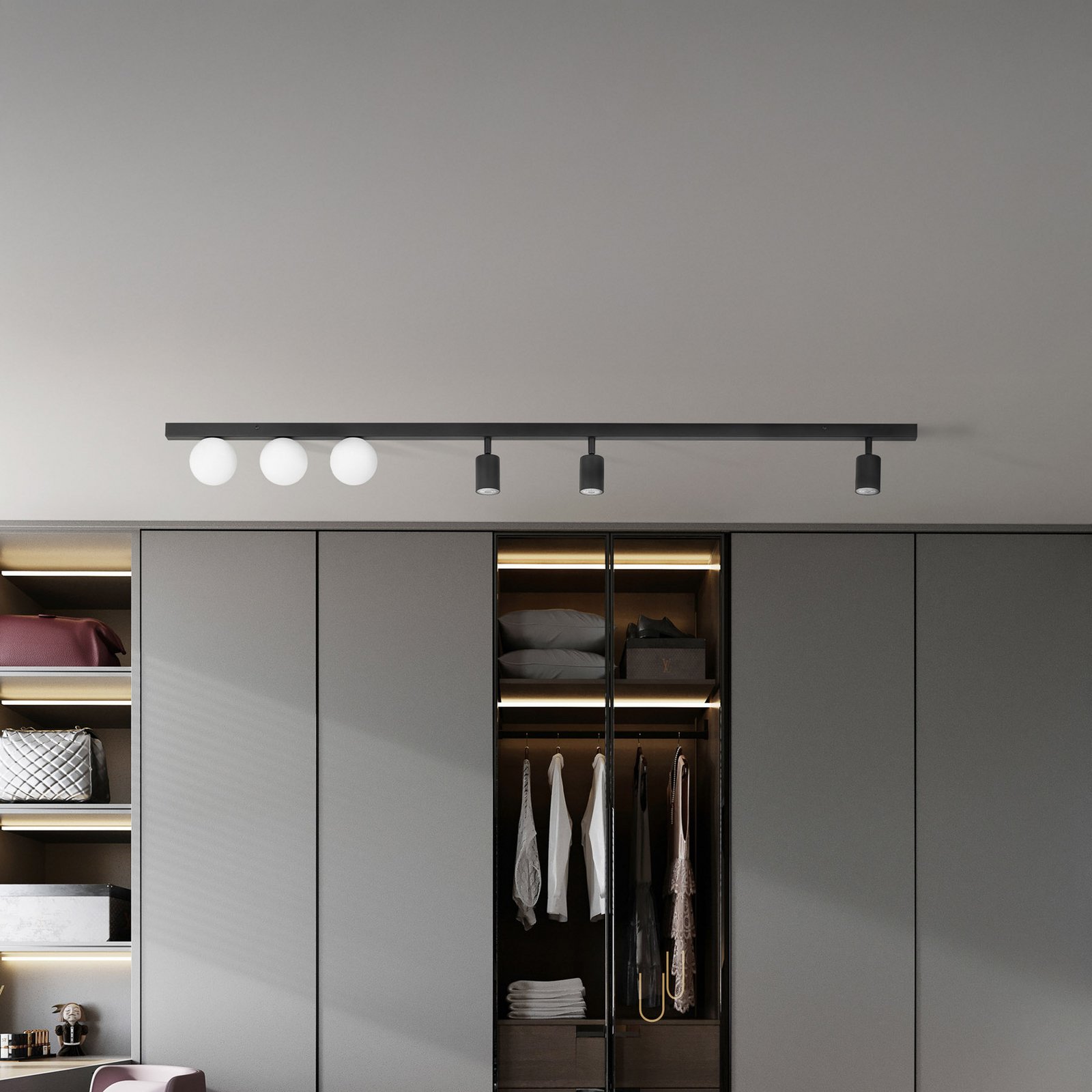 Plafonnier Vox, à 6 lampes, verre, noir, longueur 159 cm