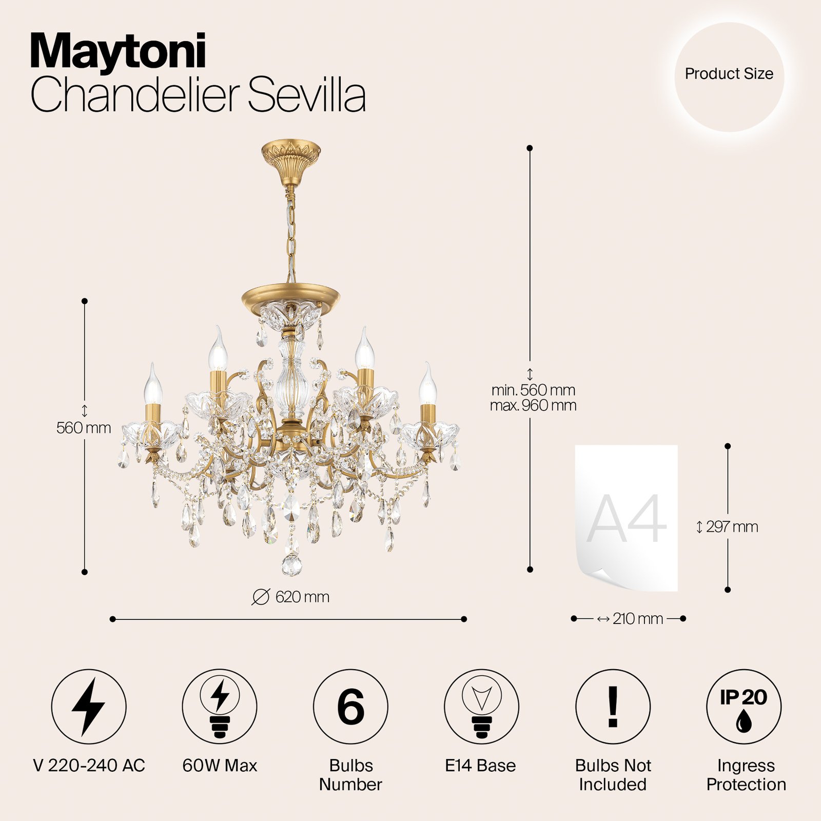 Maytoni lustre Sevilla, Ø 62 cm, doré, cristaux