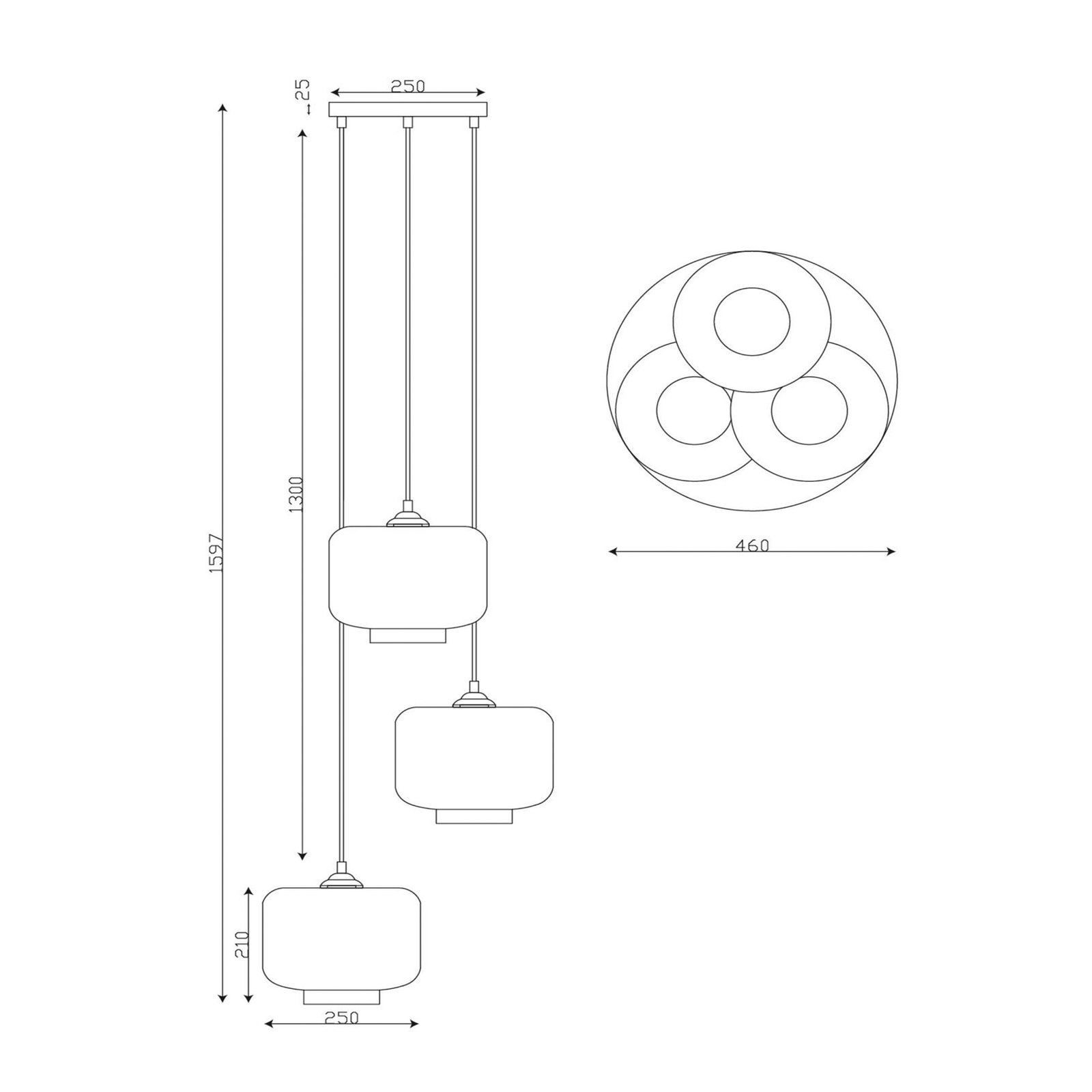 Lampă suspendată Medine, gri fum, Ø 46 cm, sticlă, 3 becuri