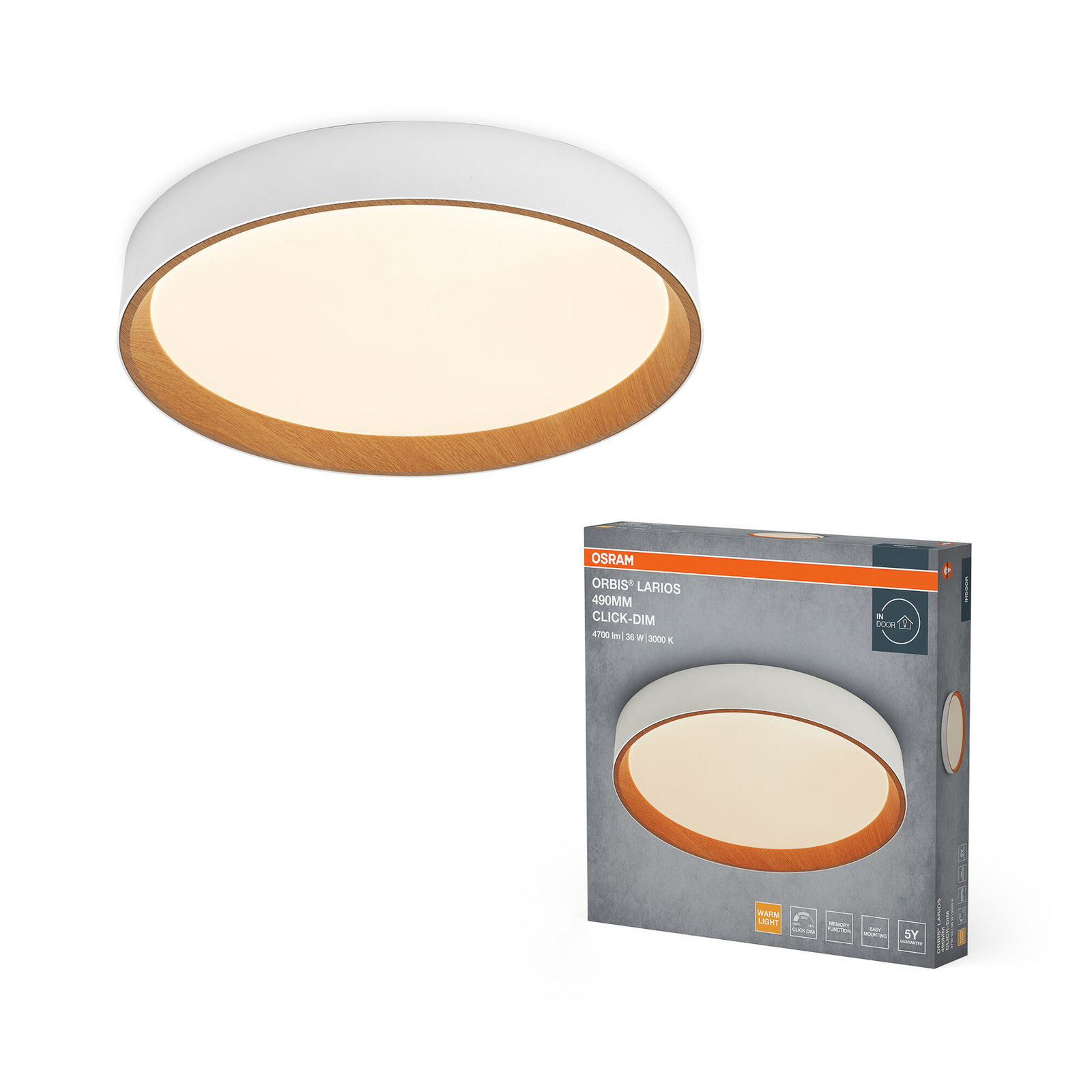 Φωτιστικό οροφής LED OSRAM ORBIS LARIOS, λευκό/ξύλο, Ø 49 cm, με ρυθμιστή Φωτιστικό οροφής LED OSRAM ORBIS LARIOS, λευκό/ξύλο, Ø 49 cm, με ρυθμιστή