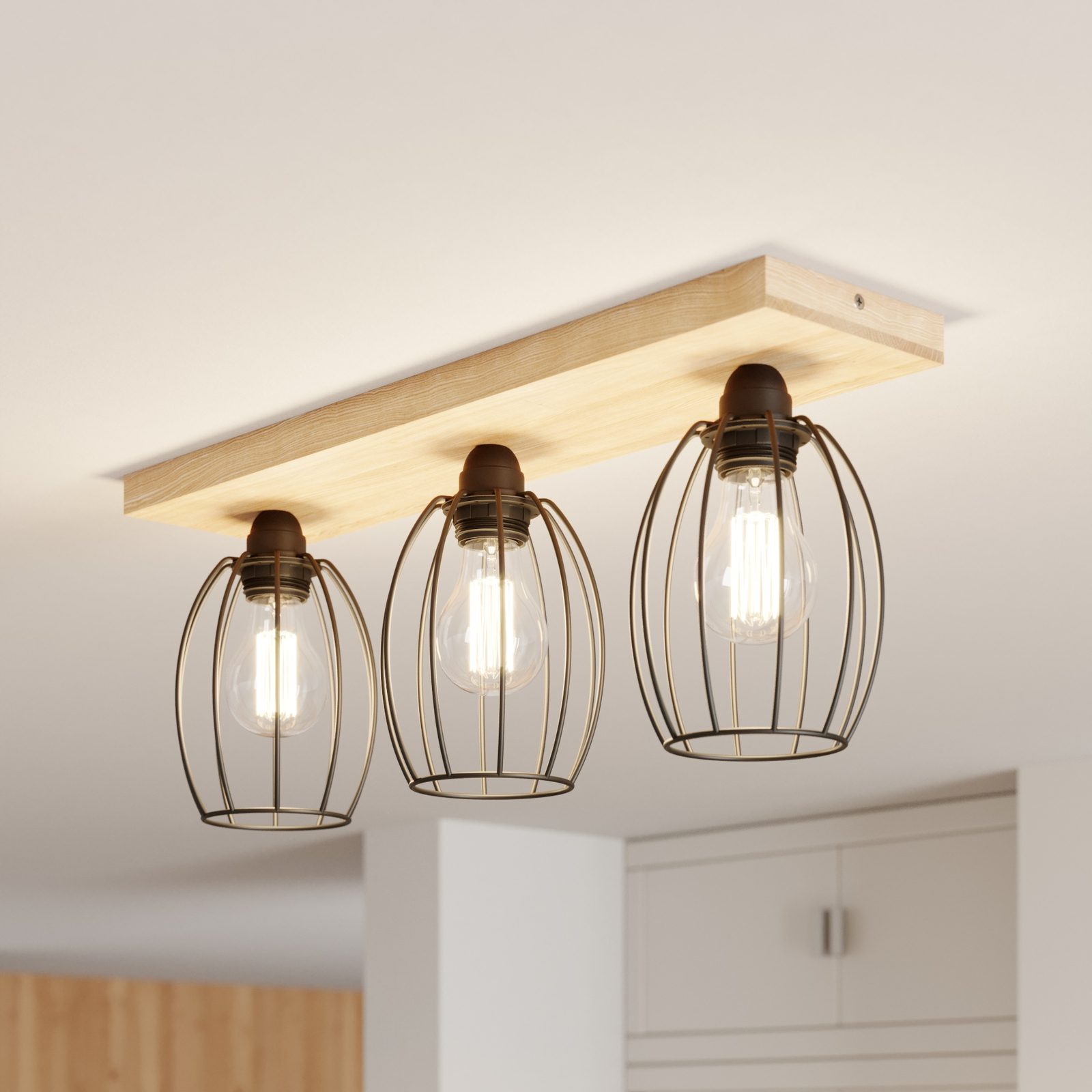 Lámpara de techo Beevly, madera y metal, 3 luces