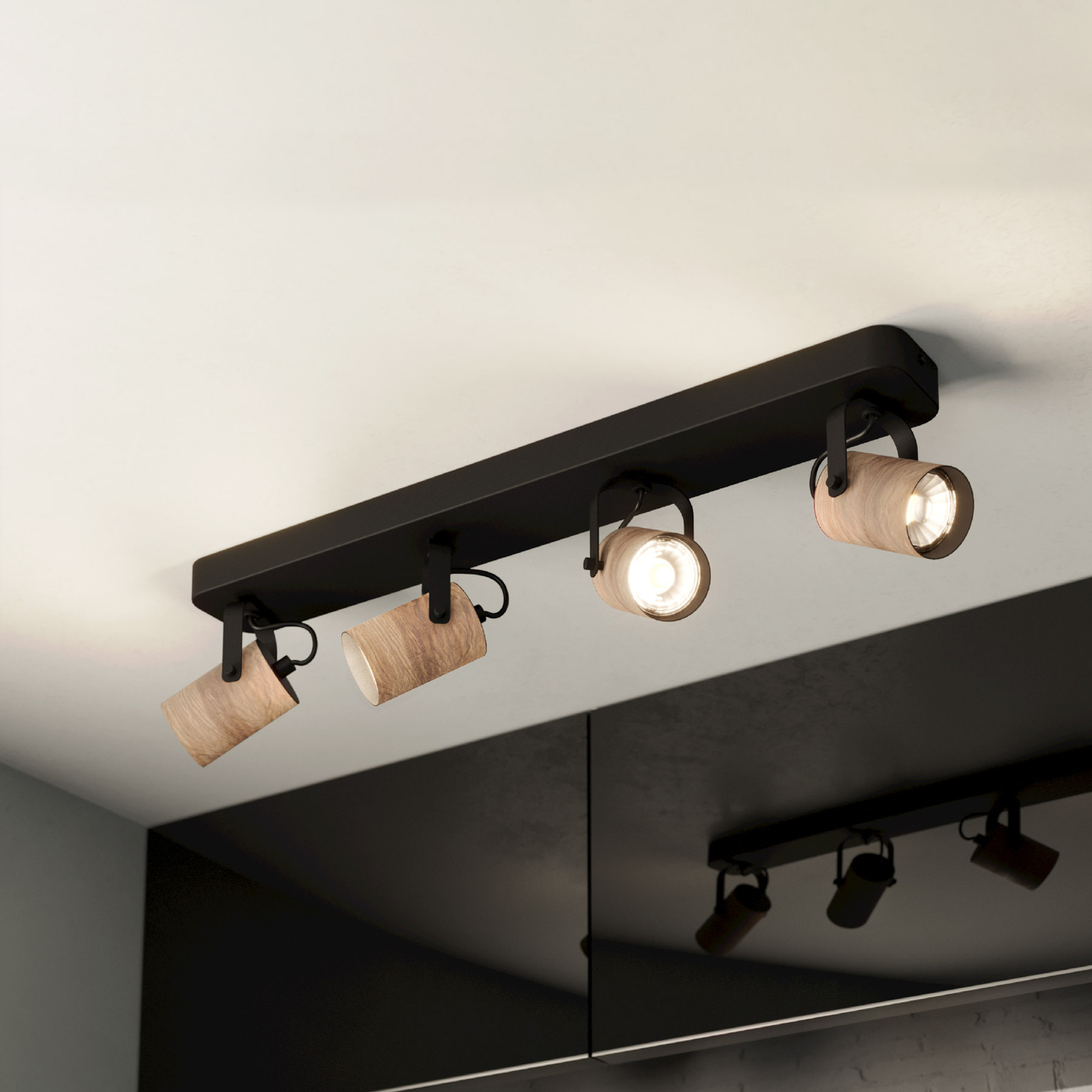 Spot plafond Cayuca noir/décor bois, quatre lampes