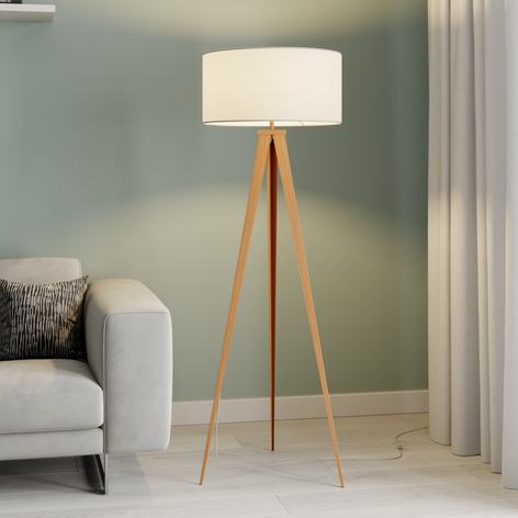 Lindby Benik Tripod-vloerlamp, wit, houtoptiek