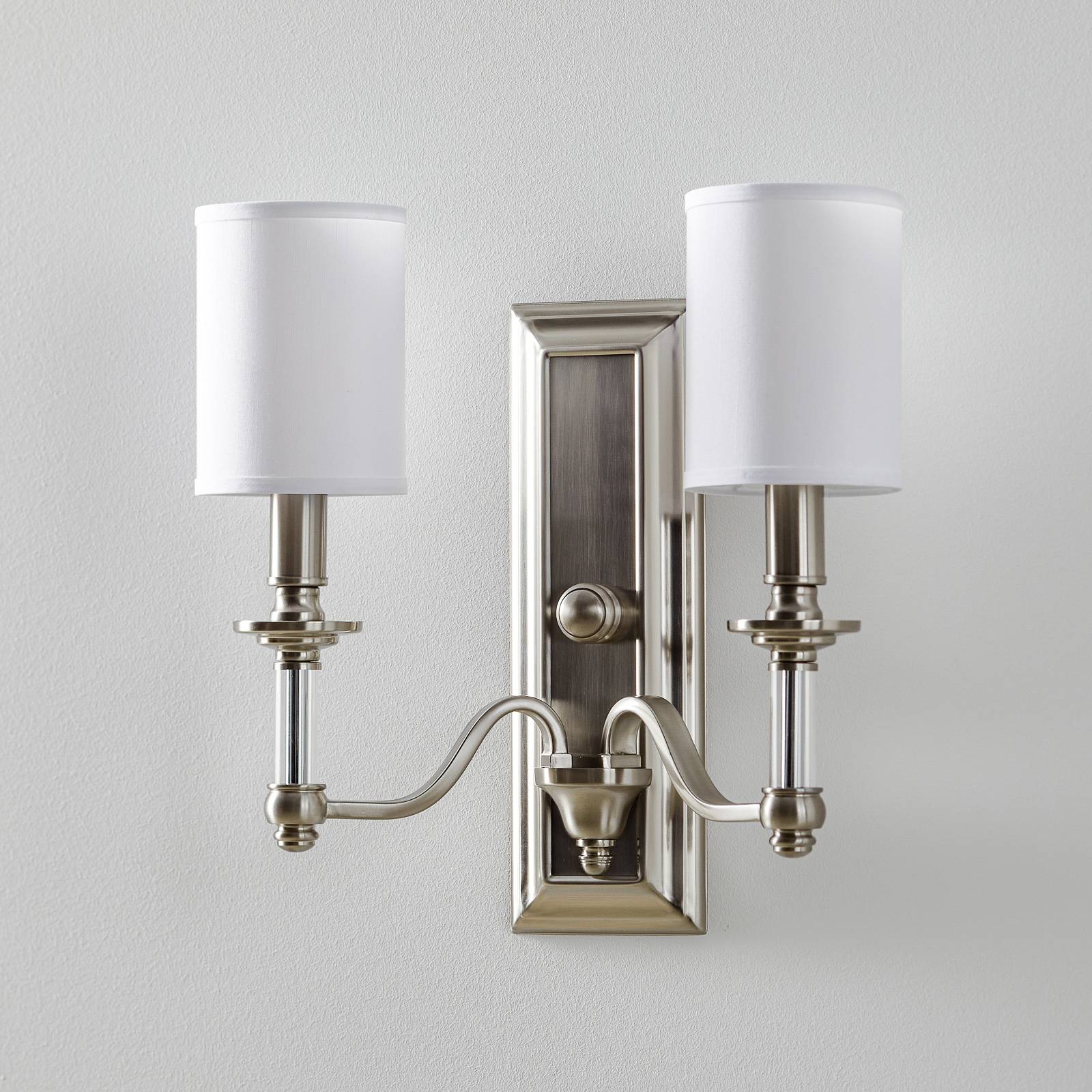 HINKLEY wandlamp Sussex met 2 lampjes, geborsteld nikkel, voor woon-/ eetkamer, metaal, textiel, glas, E14, 60 W, B: 39.4 cm, H: 40 cm