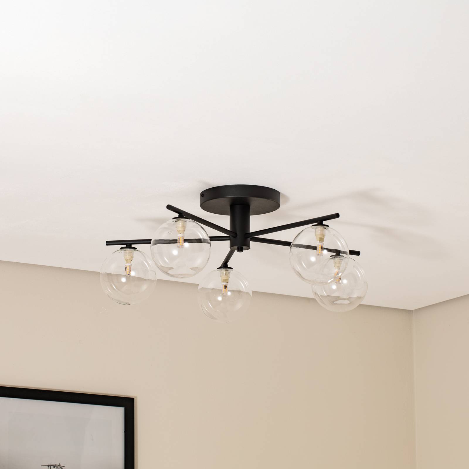 Lampa sufitowa Prato, czarna/przezroczysta, szkło, 5-punktowa