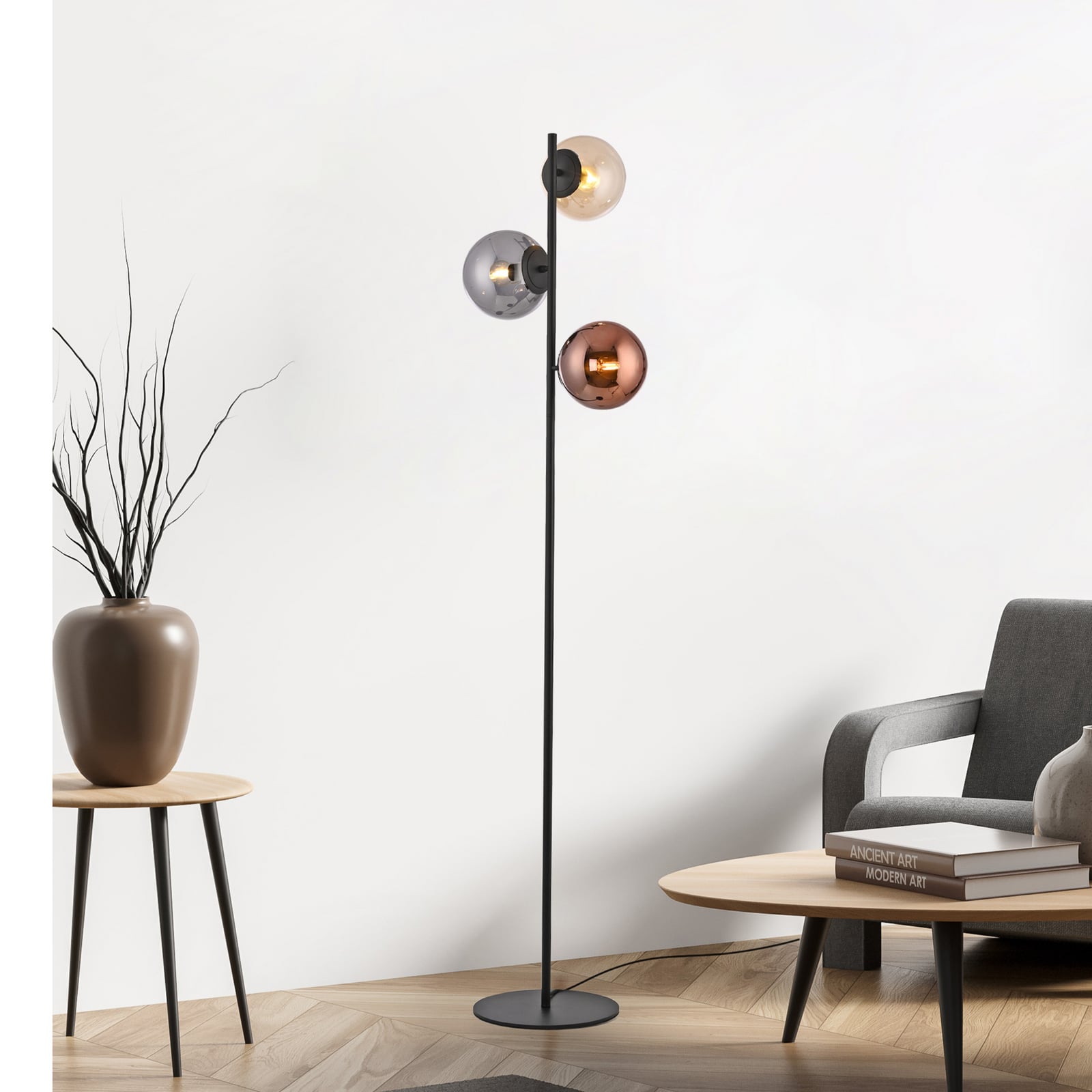 Shiny floor lamp, 3-bulb, black/multicoloured, glass, E14