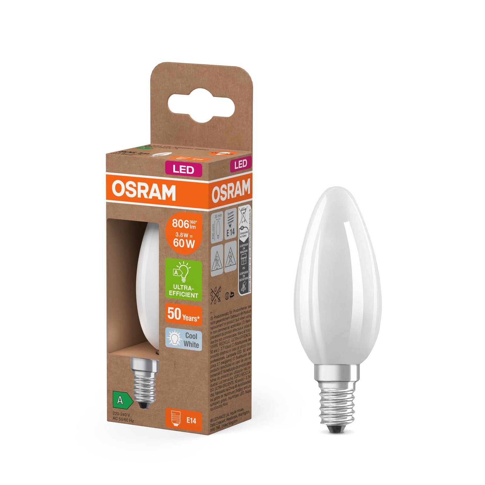 OSRAM LED-lampa stearinljus matt E14 3,8W 4000K 806lm