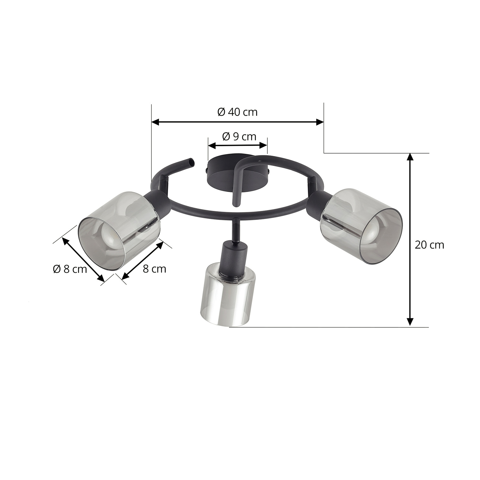 Lindby taklampa Netty, grå, 3 lampor, glas