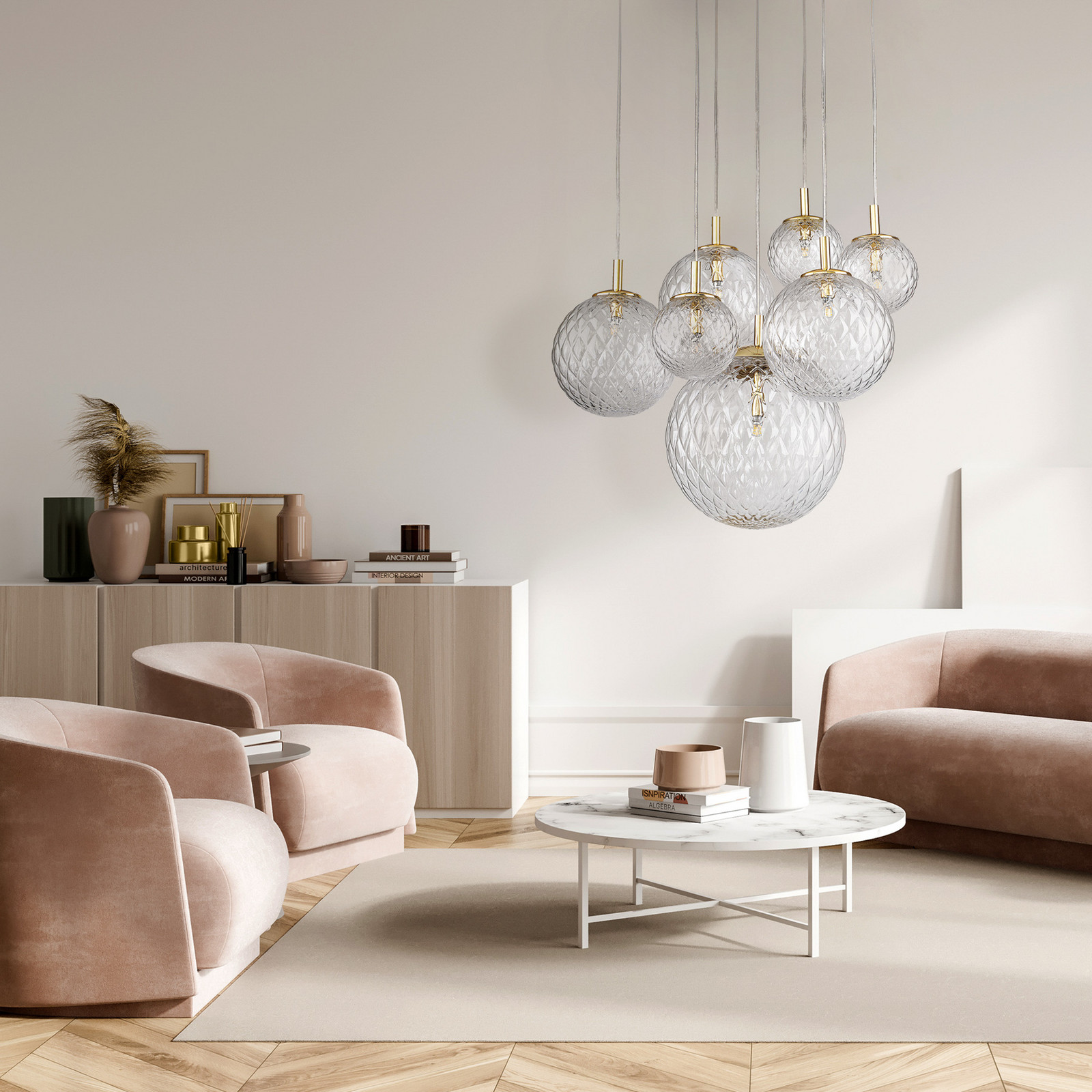 TK Lighting Lampă suspendată Cadix din sticlă cu 7 becuri - Camera de zi / sufragerie - clar auriu
