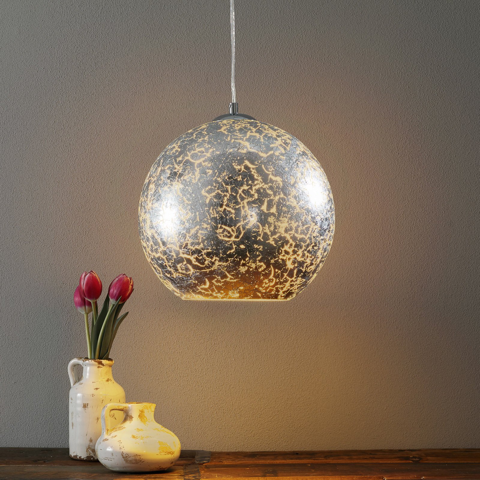 Wofi Elegant silver decoration Fara glass pendant light, for Living / Dining Room, metal, glass, E27, 60 W, energy efficiency: A++