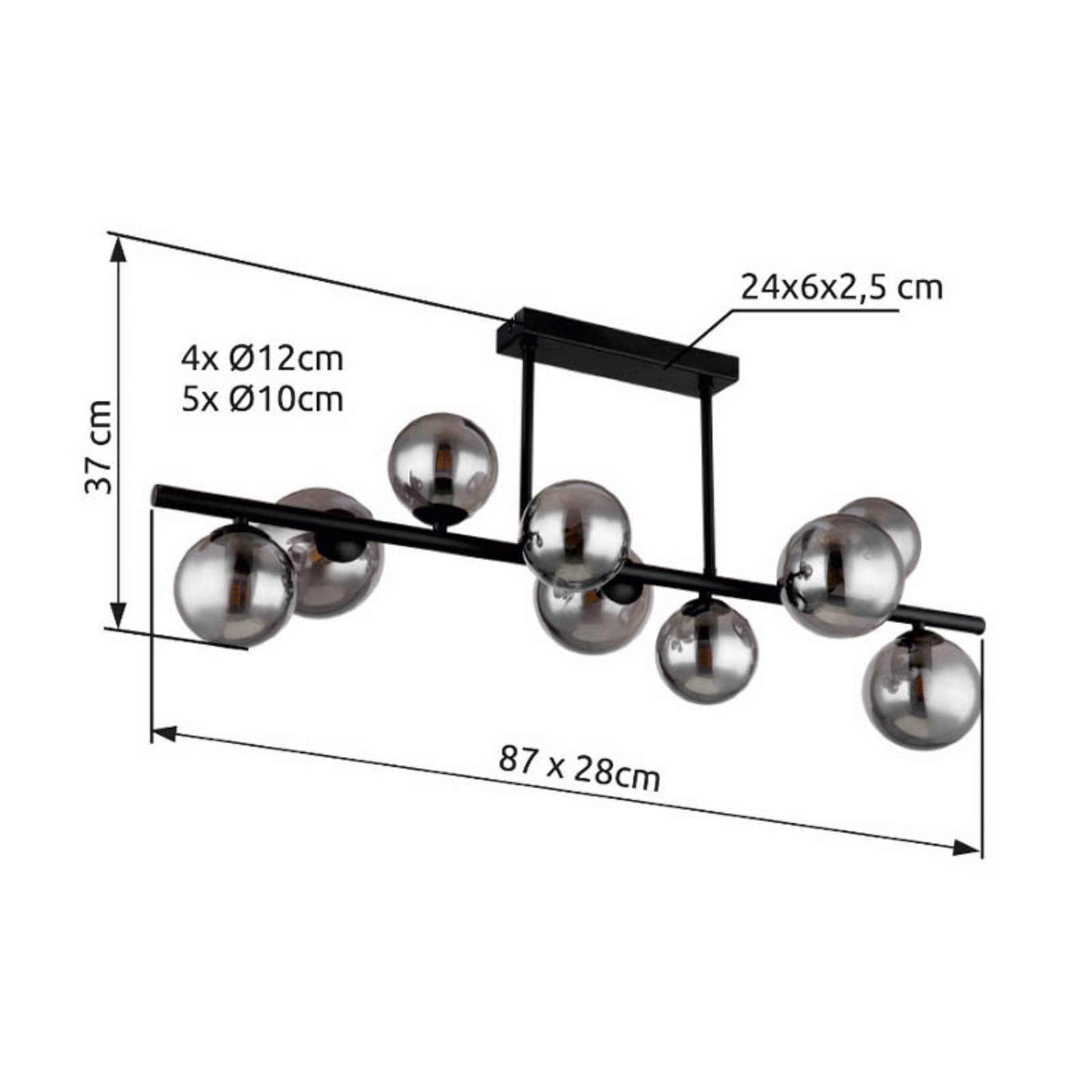 Lampa sufitowa Riha, długość 87 cm, kolor czarny/dymny, 9-punktowa.