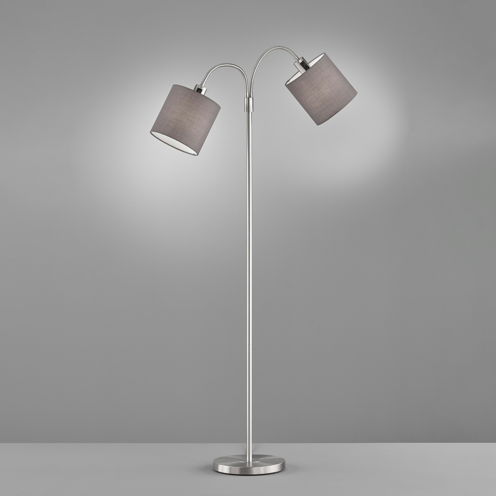 Cozy floor lamp, two-bulb, chintz, nickel/grey