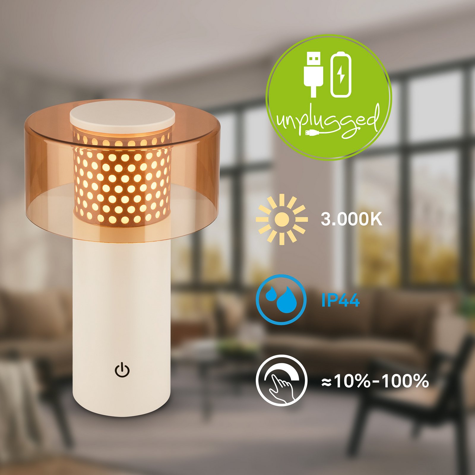 LED-akku-pöytälamppu Brilo unplugged Gila, ruskea/harmaa, 21 cm