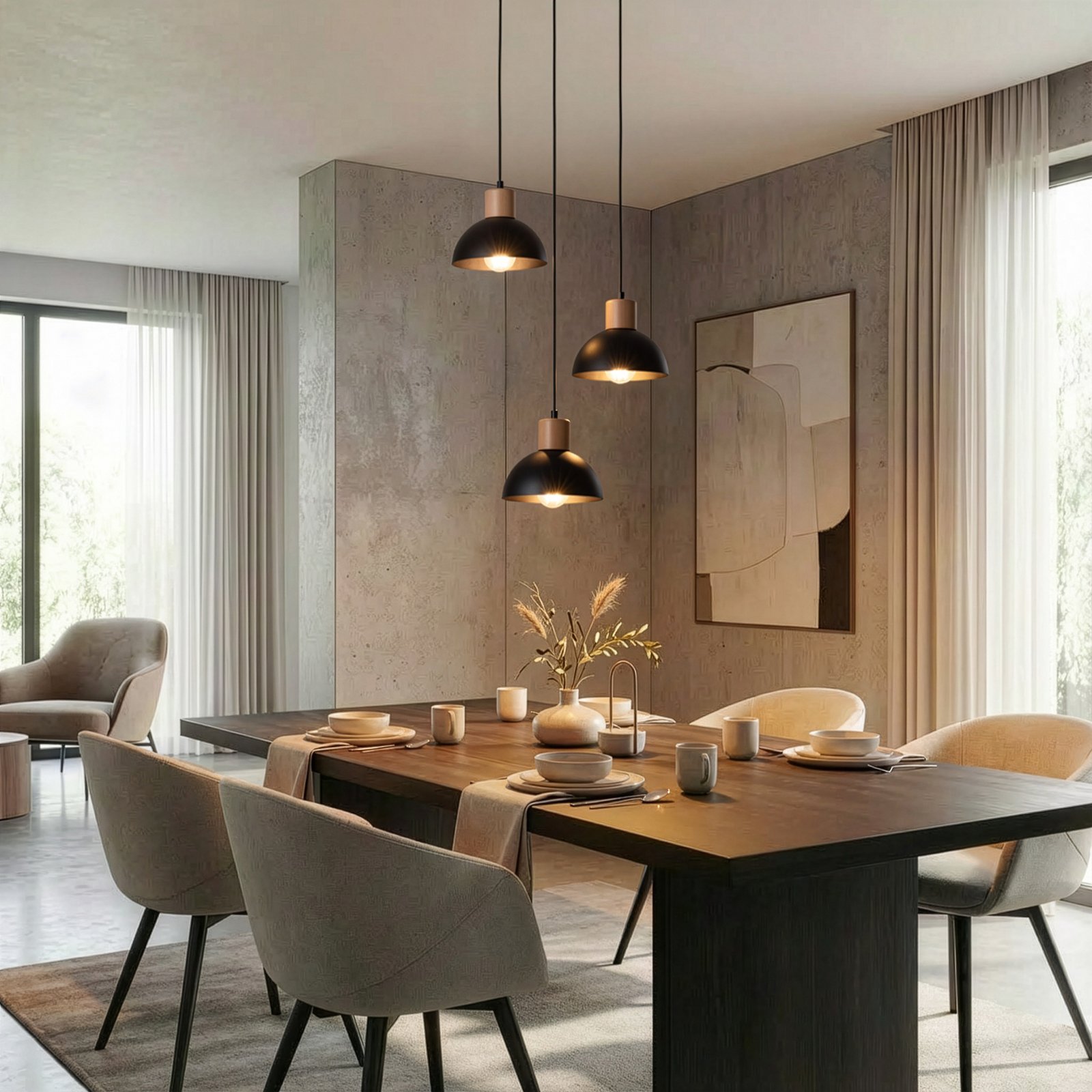 Pendellampe Seco, Ø 30 cm, schwarz, Metall/Holz, 3-flg. Pendellampe Seco, Ø 30 cm, schwarz, Metall/Holz, 3-flg.