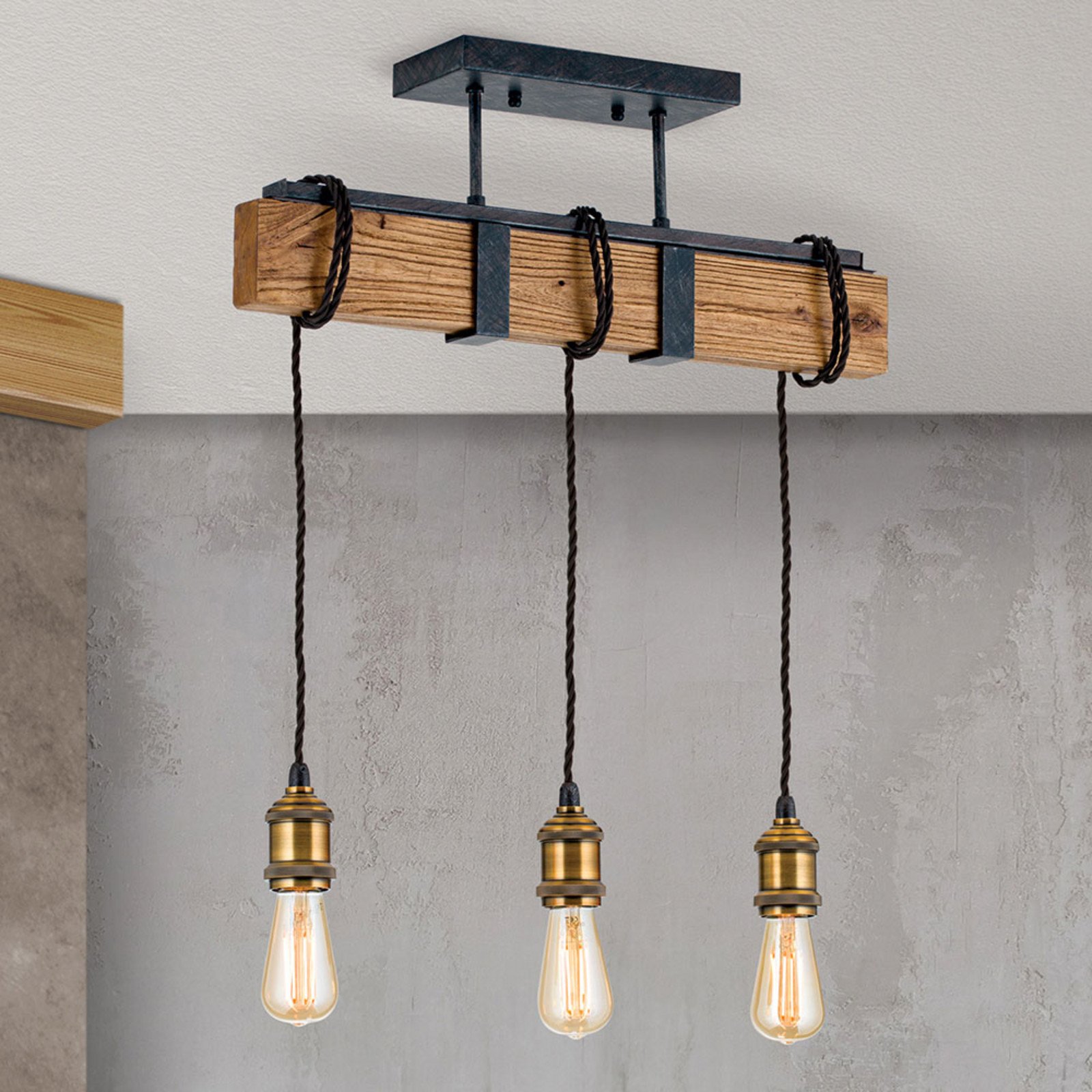 ORION Lampă suspendată Cellar vintage 3 becuri - Camera de zi / sufragerie - negru alb - Lemn