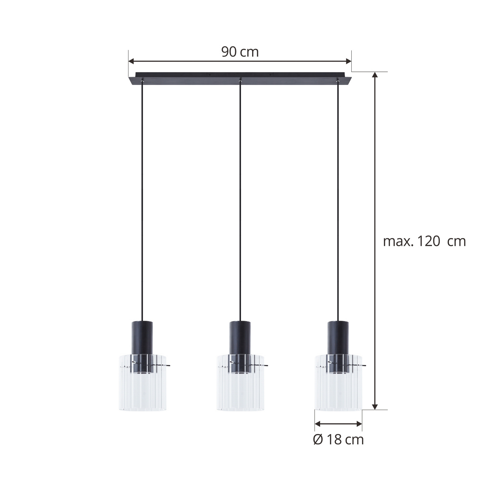 Lucande függőlámpa Eirian, 90 cm, 3-as lámpa, fekete, üveg