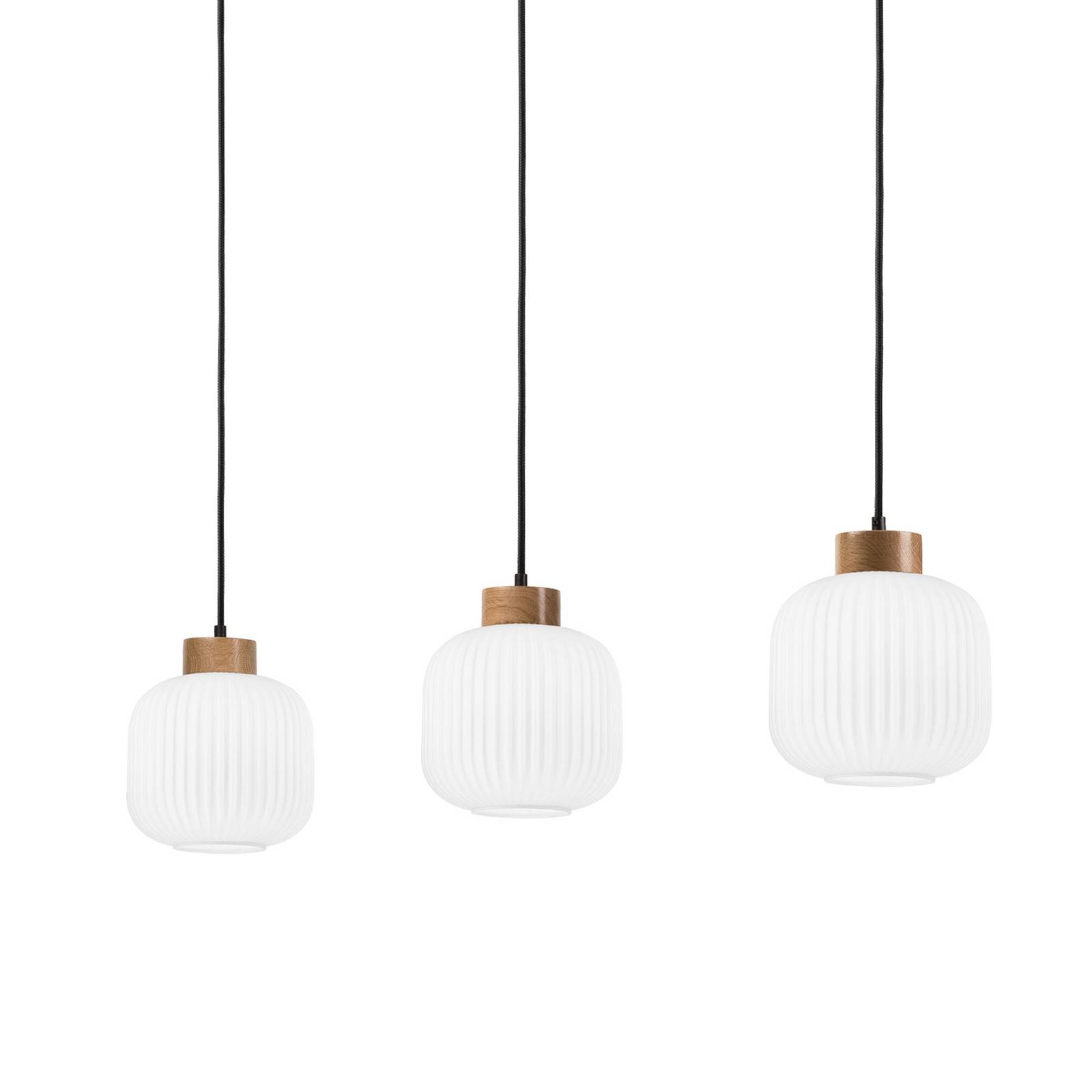 Lampa wisząca Harmony, długość 110 cm, szkło opalowe drewno dębowe 3-punktowa.