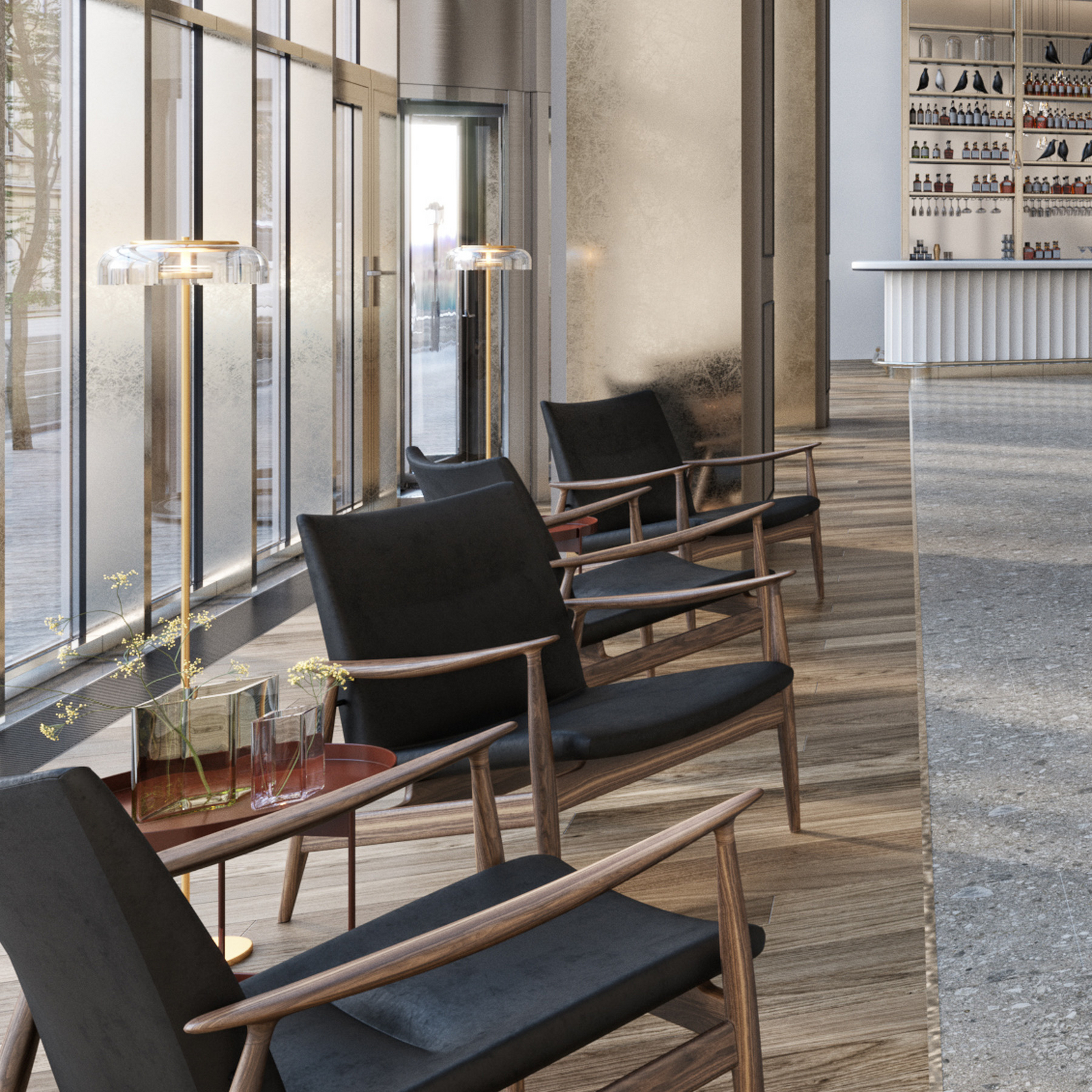 Nuura LED stojací lampa Blossi, výška 120 cm, zlatá/čirá