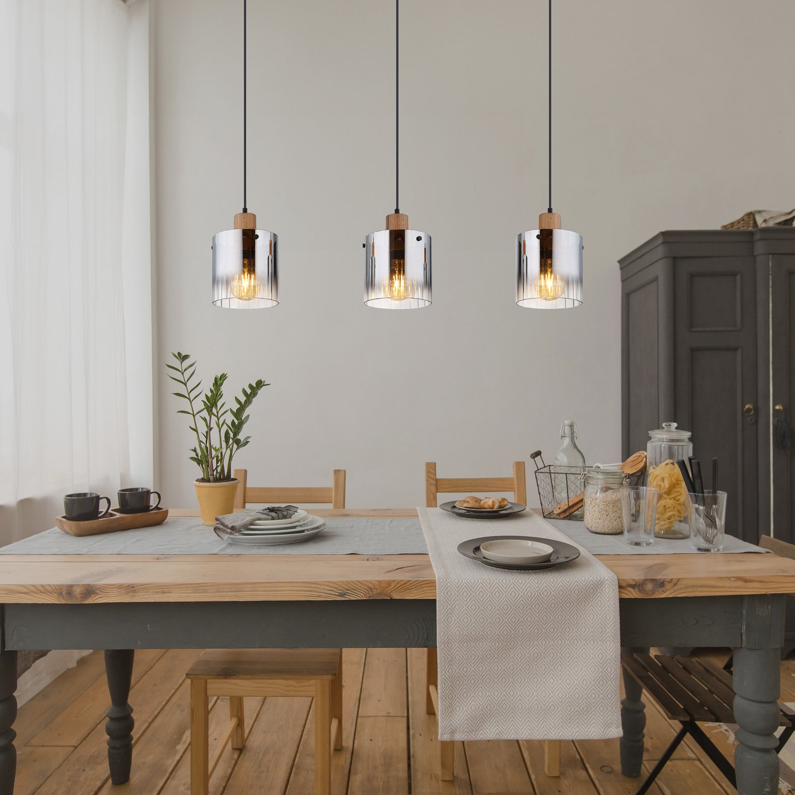 Candeeiro suspenso Underwood, comprimento 100 cm, castanho/cinza fumo, MDF