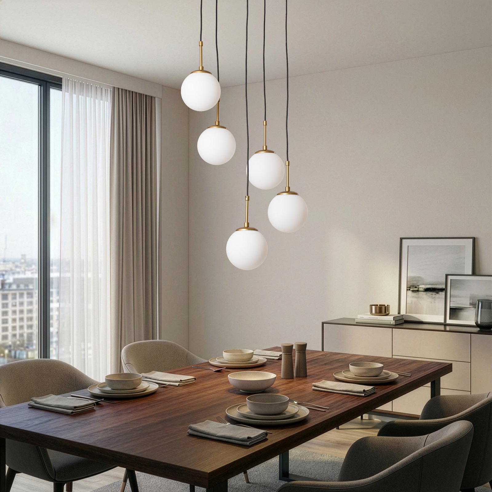 Suspension Orbital, blanc/doré, à 5 lampes, verre, métal, E14