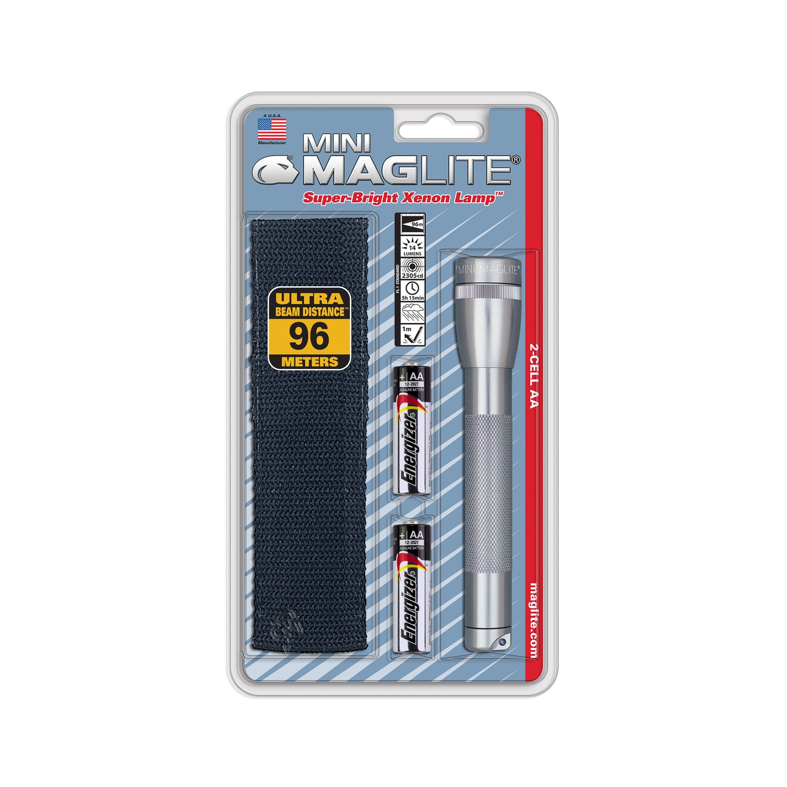 Фенерче Maglite Xenon Mini, 2 клетки AA, кобур, сребрист
