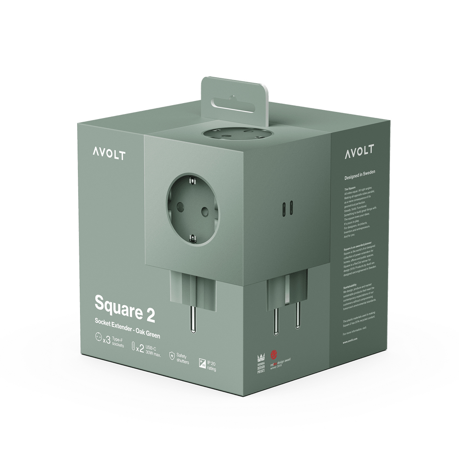 SQUARE 2 Zwischensteckdose, grün, 3x Schuko, 2 x USB - AVOLT
