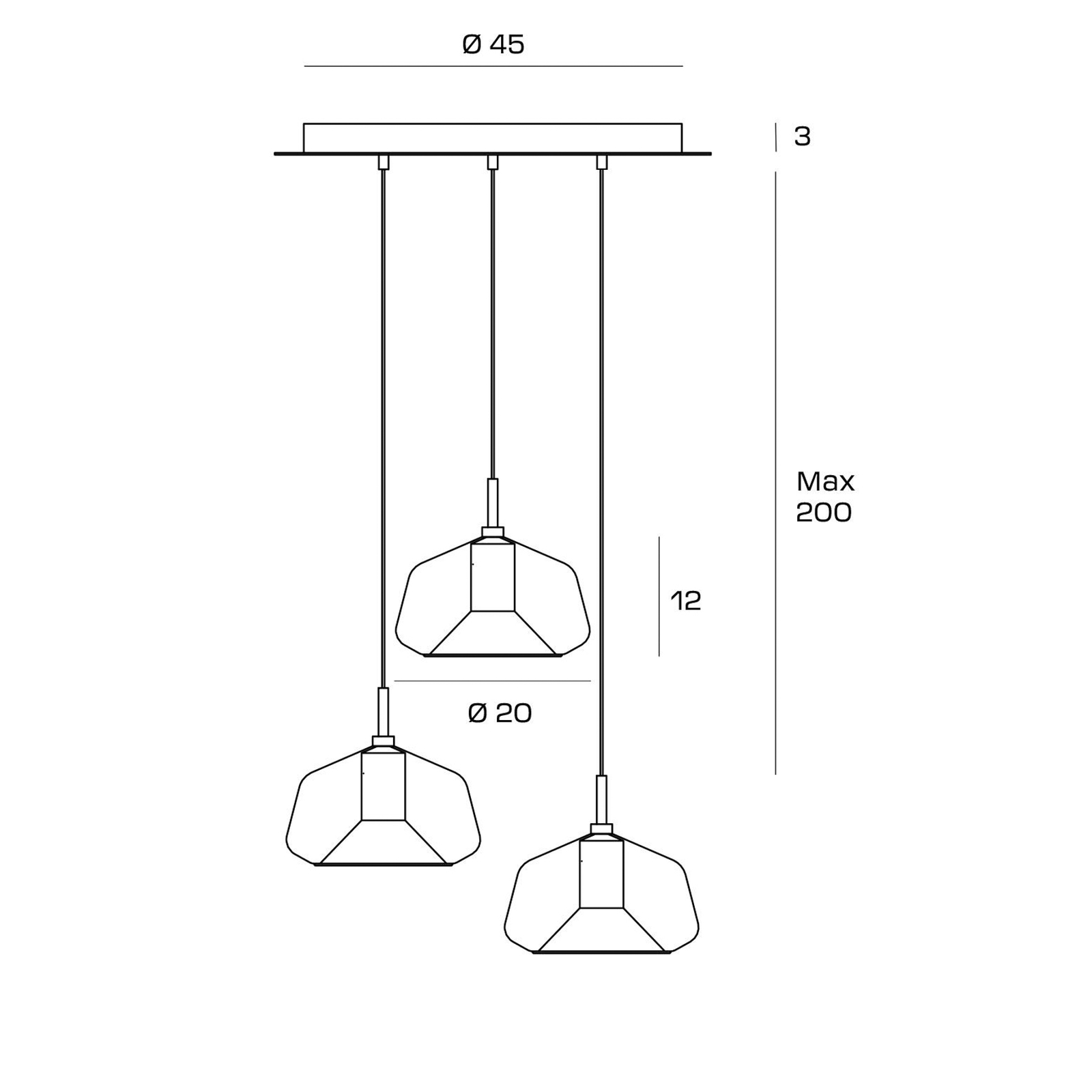 Candeeiro suspenso X-Ray, dourado, 3 lâmpadas redondas, vidro