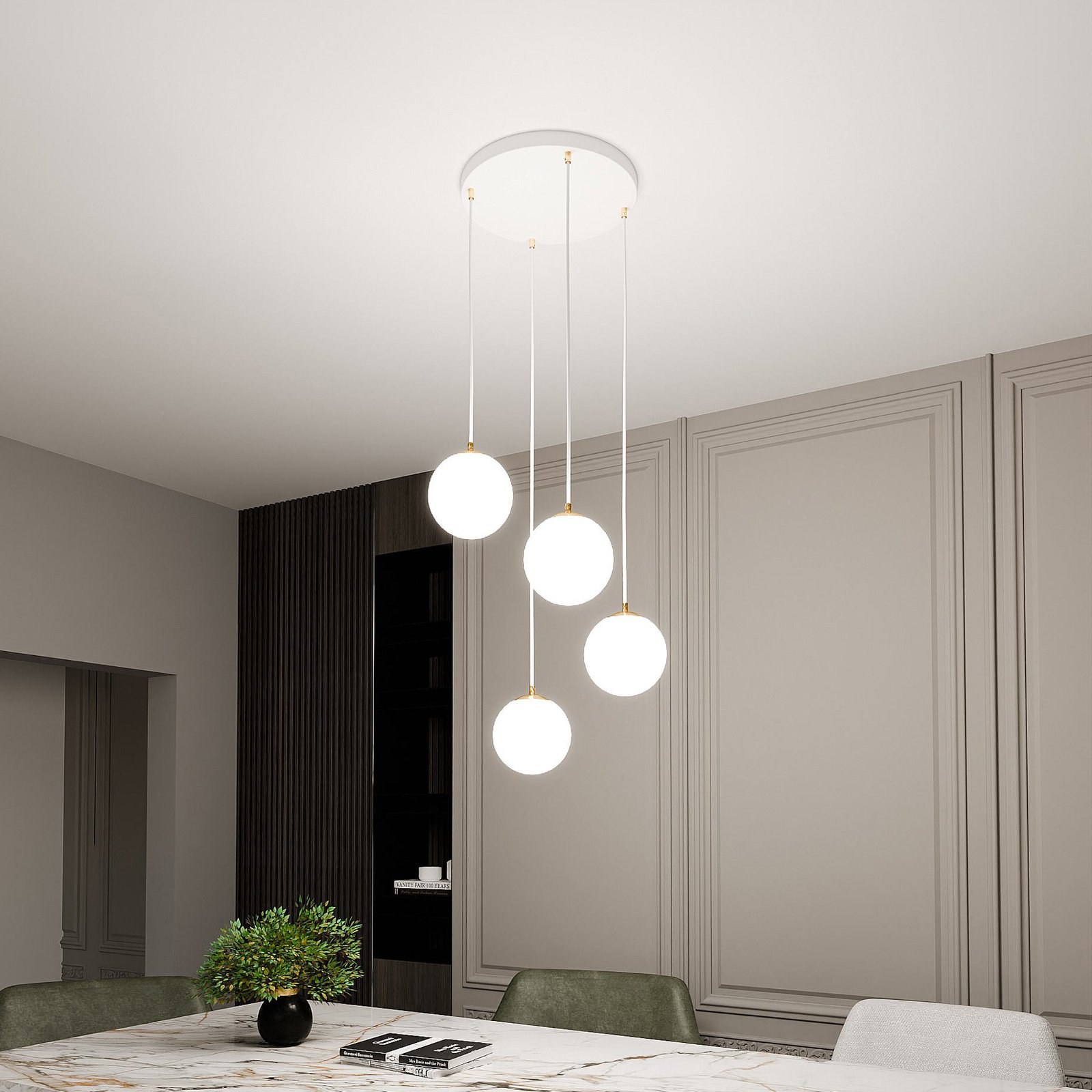 Royal pendant light, 4-bulb, opal white/white, glass, E14