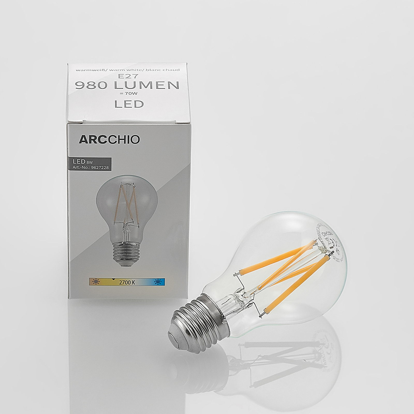 LED bulb E27 8W 2,700K filament dimmable clear 3x