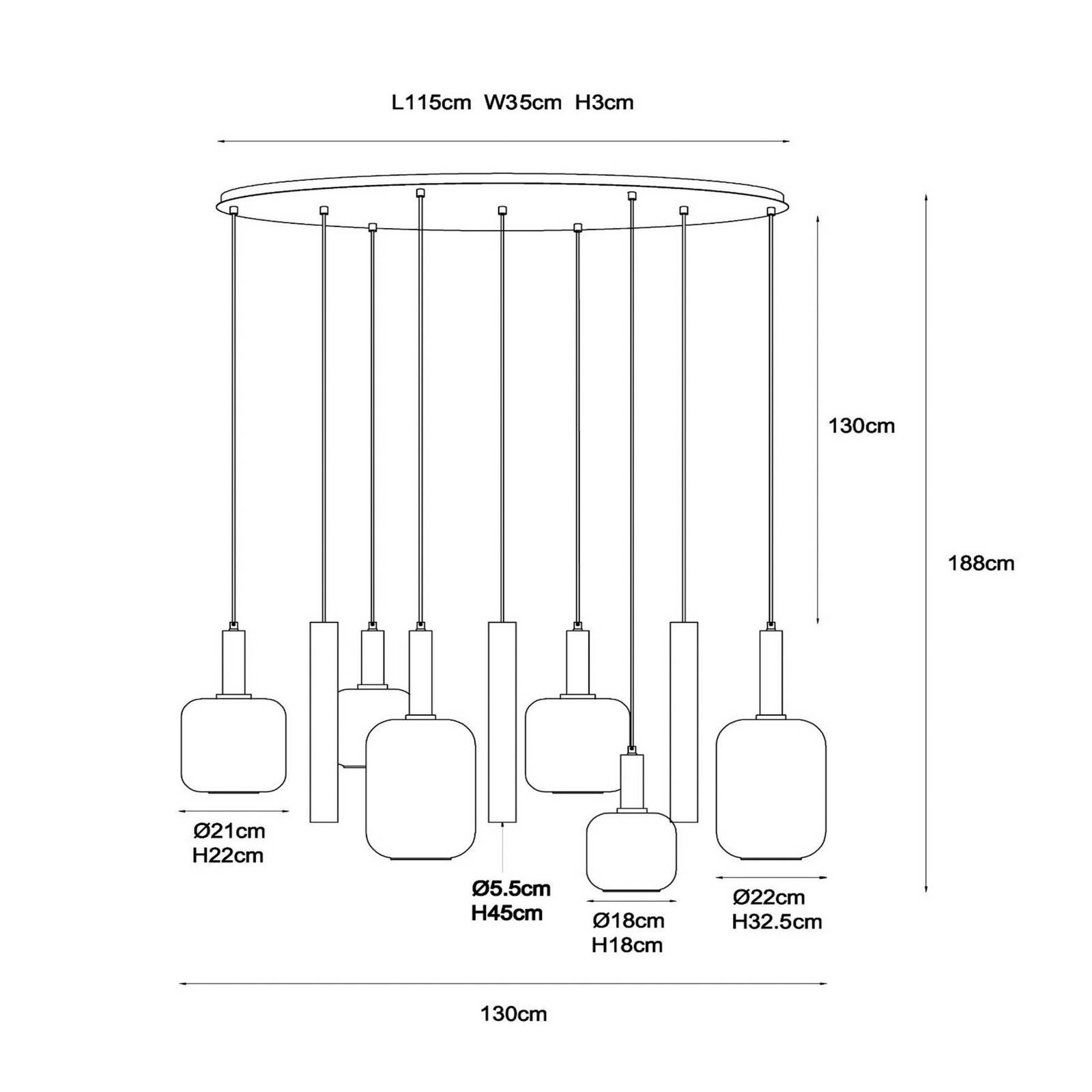 Hängelampe Joanet, Länge 130 cm, rauch/messing, Glas, 9-flg. günstig online kaufen
