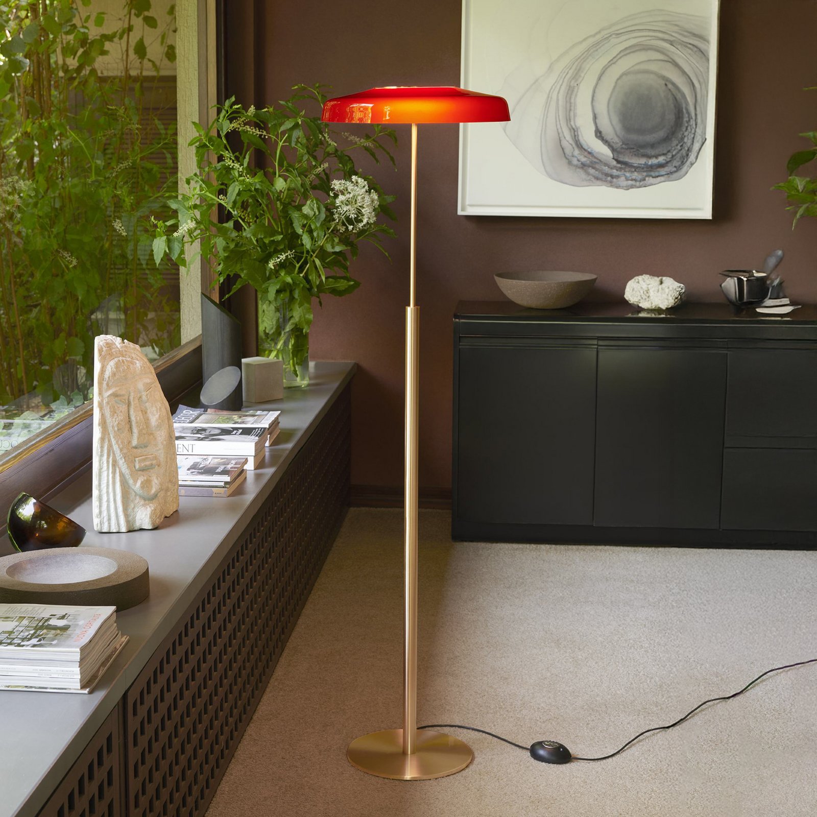 Oluce LED floor lamp Dora, gold/red, metal, PMMA